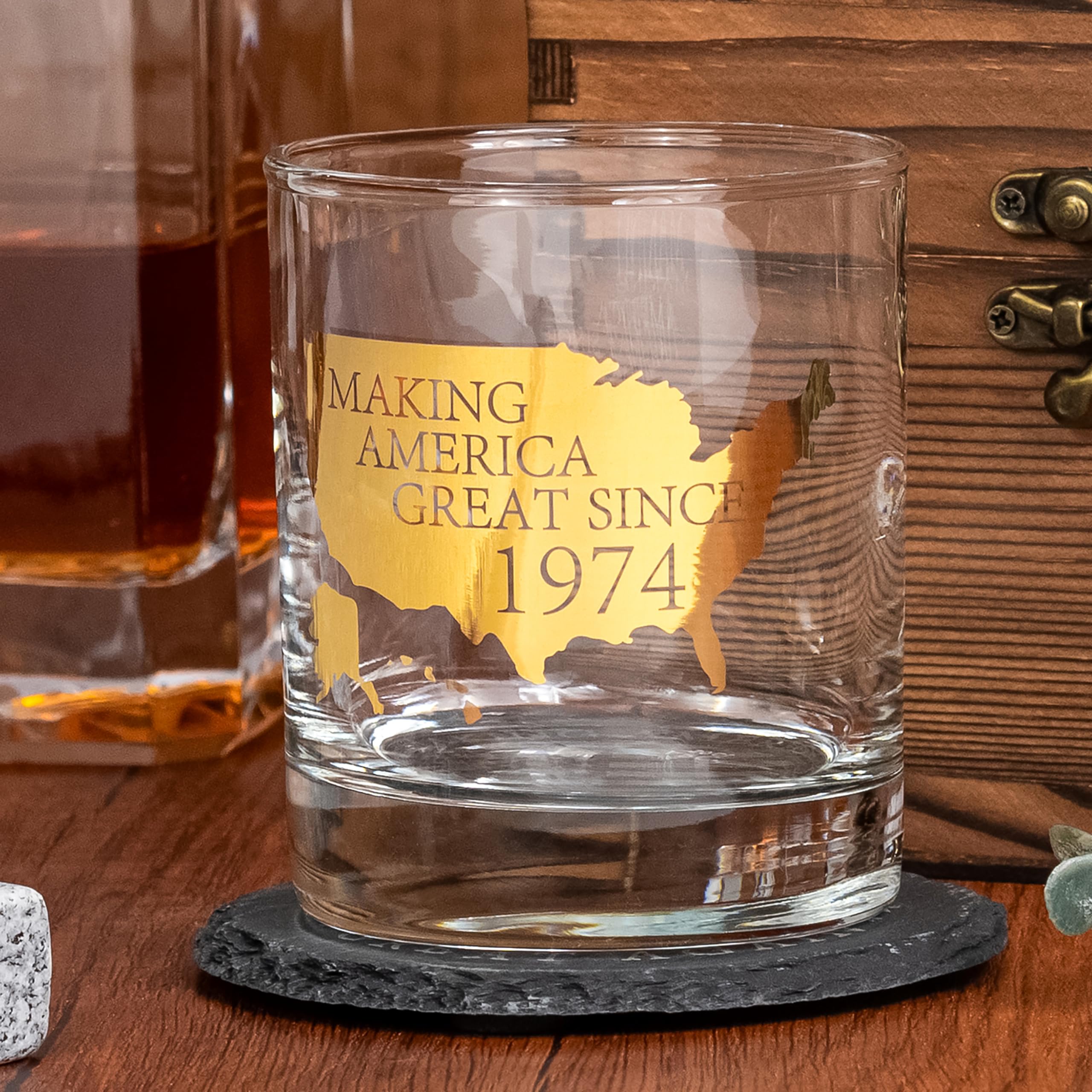 Crisky 50th Birthday Bourbon Whiskey Glass & Stones 50th Birthday Gift for Men Making XX Great Since 1974 Includes One Crystal Whisky Glass, 4 Chilling Stones, 1 Slate Coaster in Luxury Wooden Box