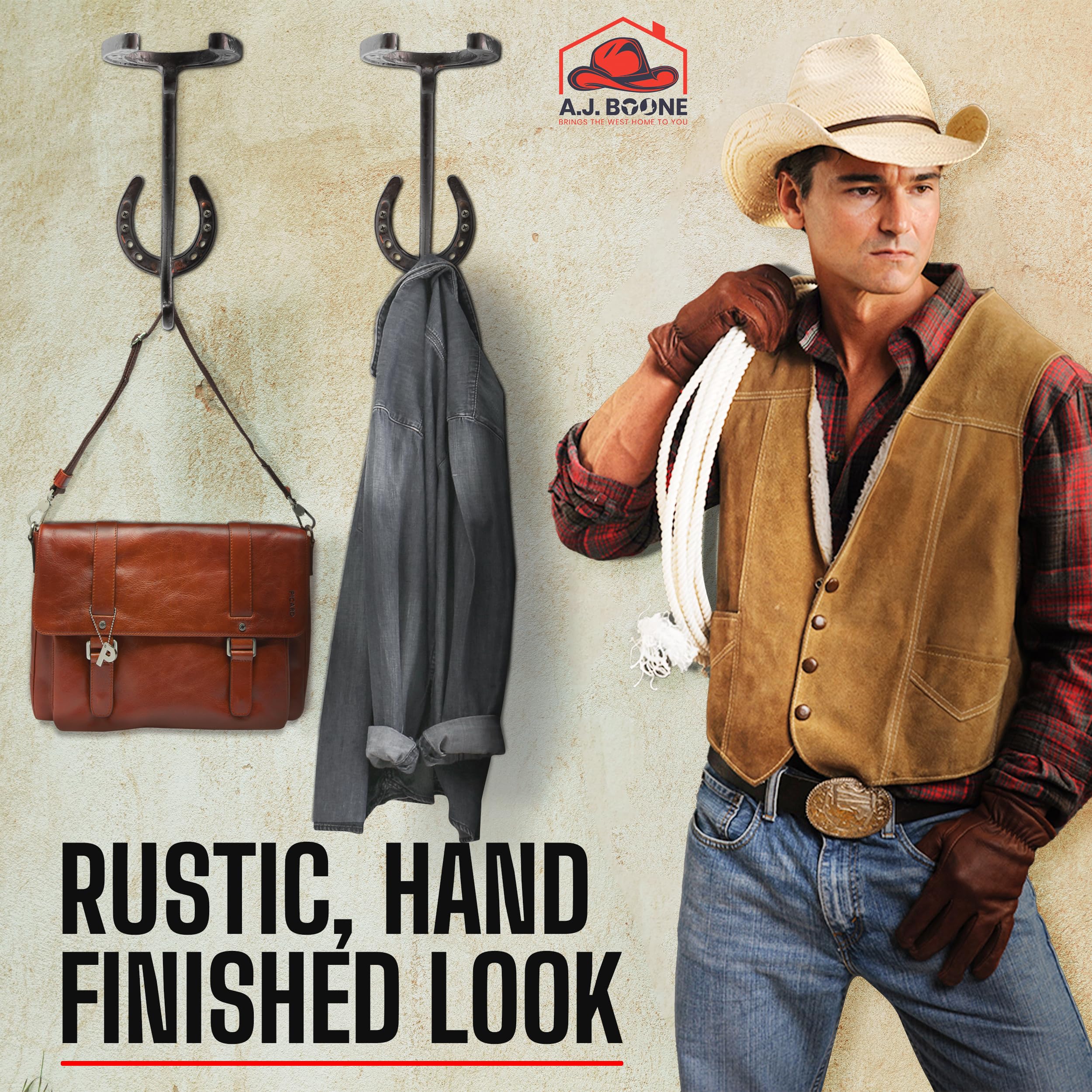 A.J. Boone Cowboy Hat Rack - Set of 2 Decorative Wall-Mounted Holder - Heavy-Duty Iron Hanger and Organizer DIY Kit for Hats, Coats and Keys - Rustic Western Horseshoe Hooks for Storage and Display