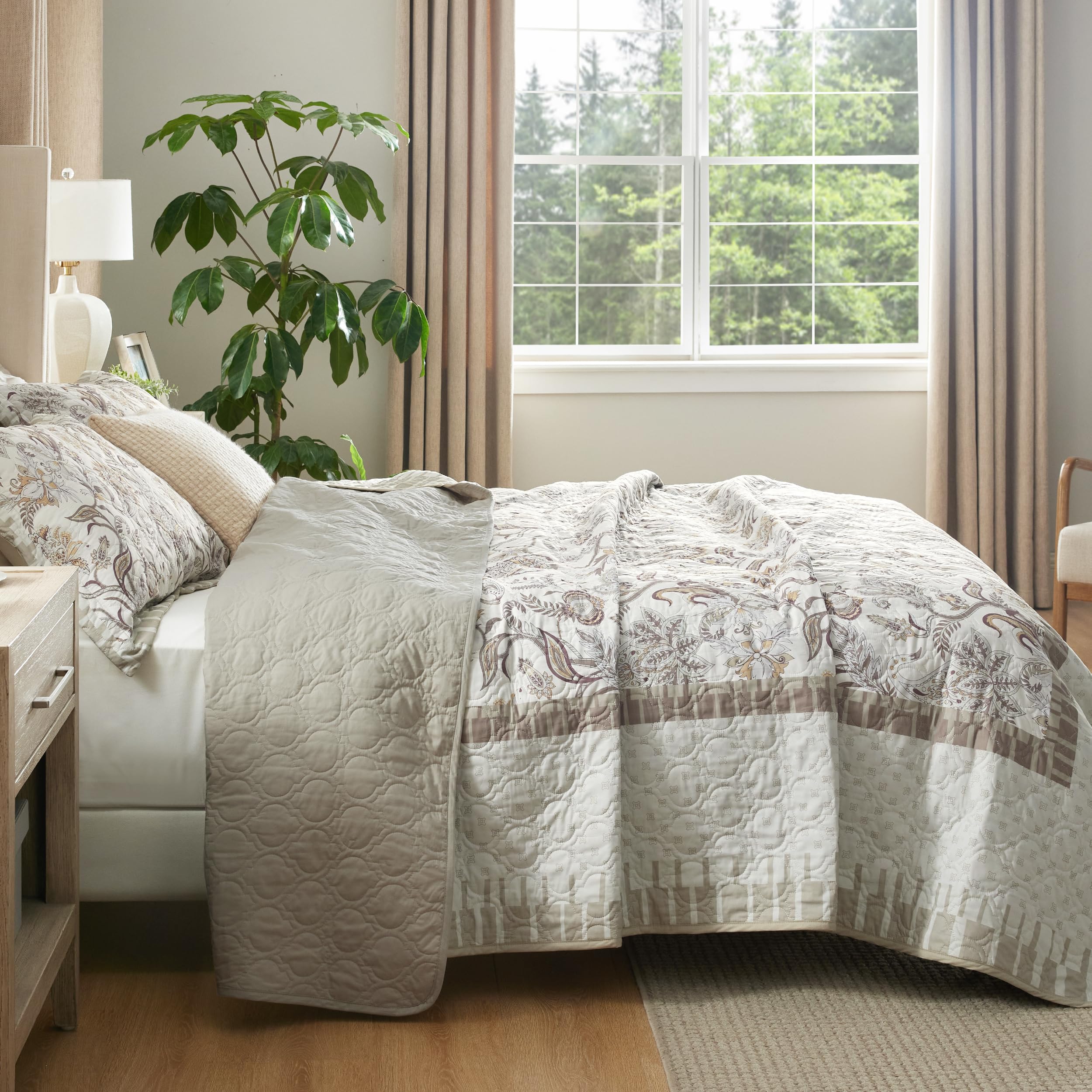 Bedsure Cotton Quilt Set Queen - Paisley Pattern Reversible Quilt Bedding Set, 3 Pieces Microfiber Bedspread, Taupe Floral Coverlet Set with 2 Pillow Shams for All Seasons (90"x96")