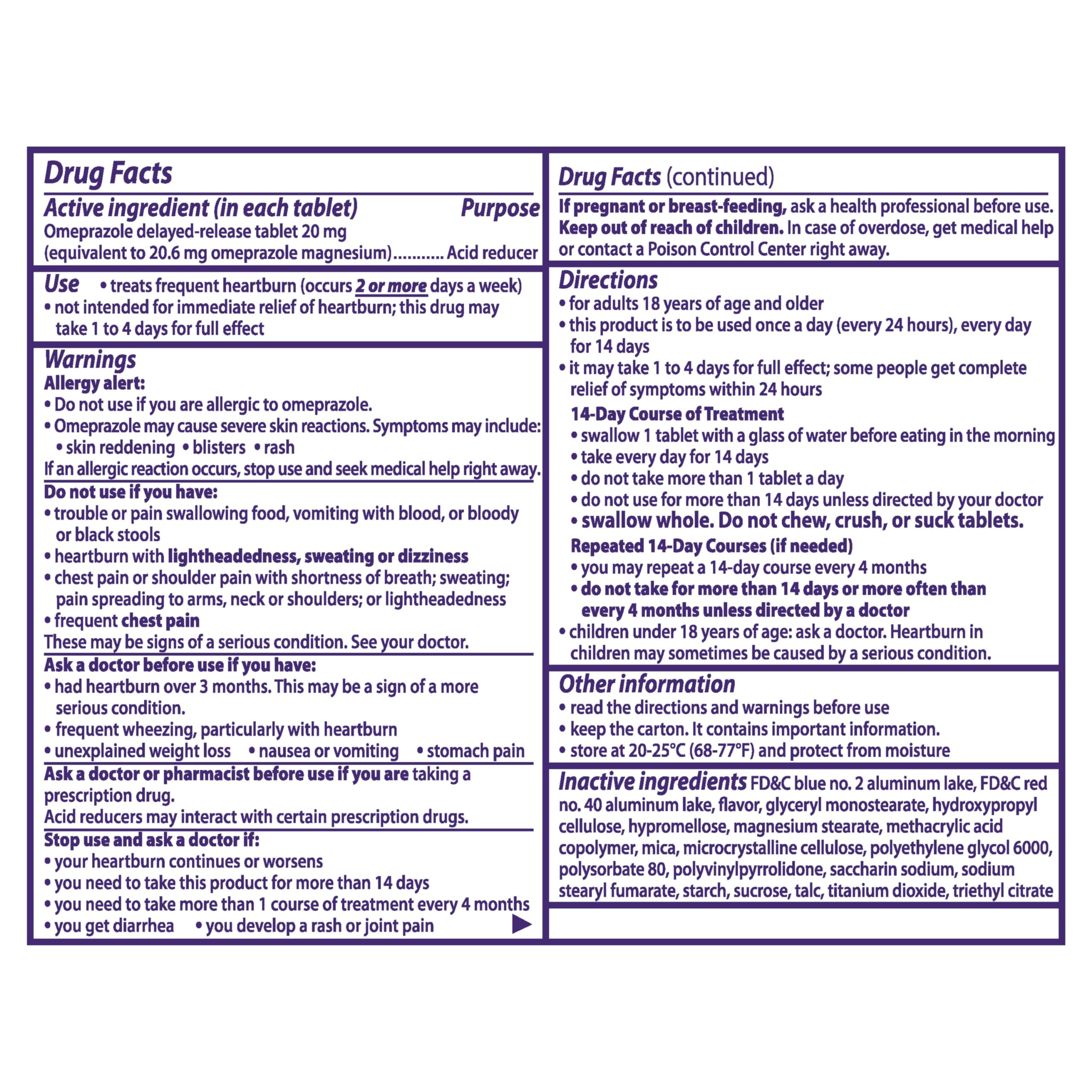 Prilosec OTC, Omeprazole Delayed Release 20mg, Acid Reducer, Treats Frequent Heartburn for 24 Hour Relief, All Day, All Night*, Wildberry Flavor, 20mg, 14 Tablets