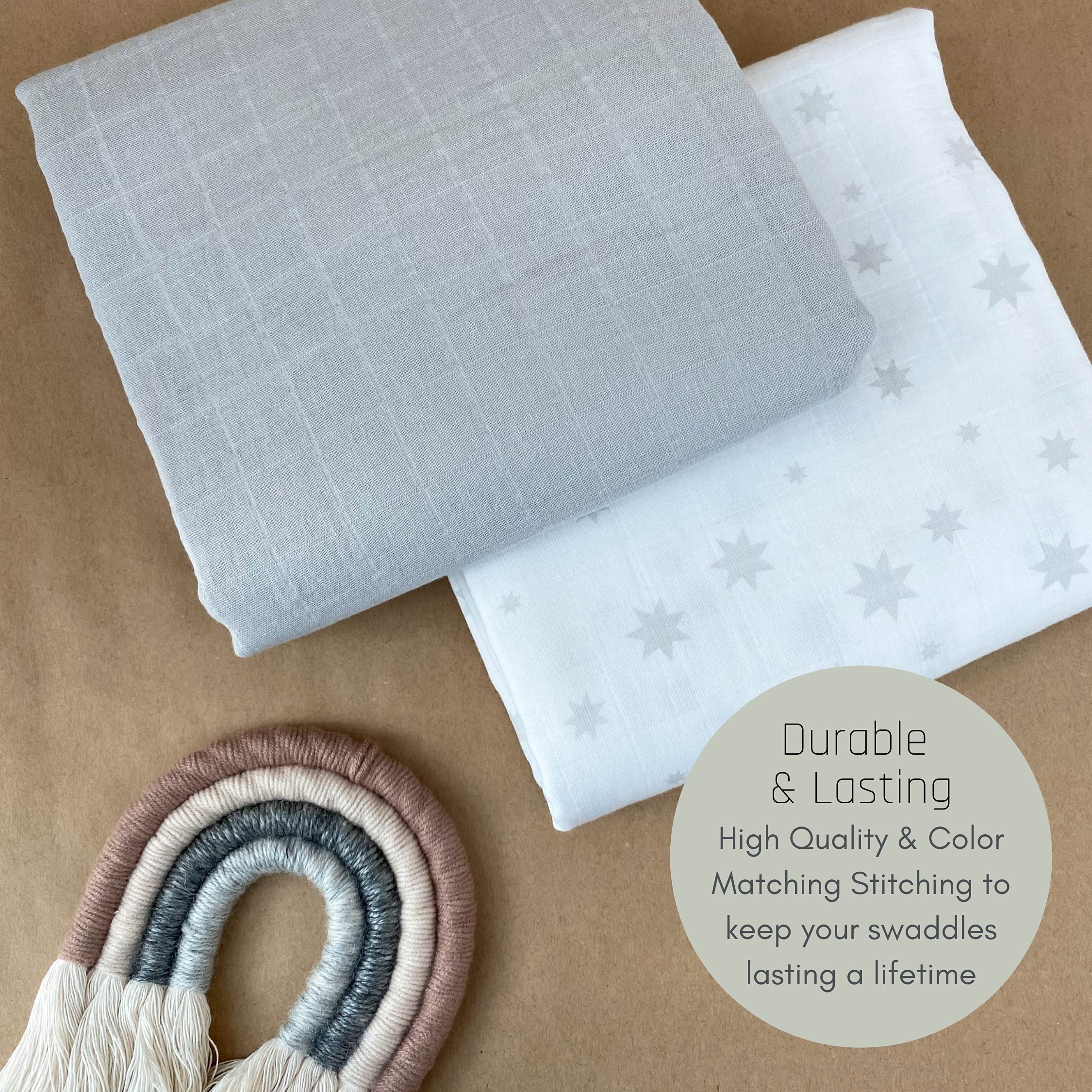 MOZAH Organic Muslin Swaddle Blankets - 100% Soft Organic Cotton - Baby Girl Blanket and Baby Boy Blanket - Ideal Baby Registry Items Unisex Essentials - Baby Swaddles (Grey & Stars)