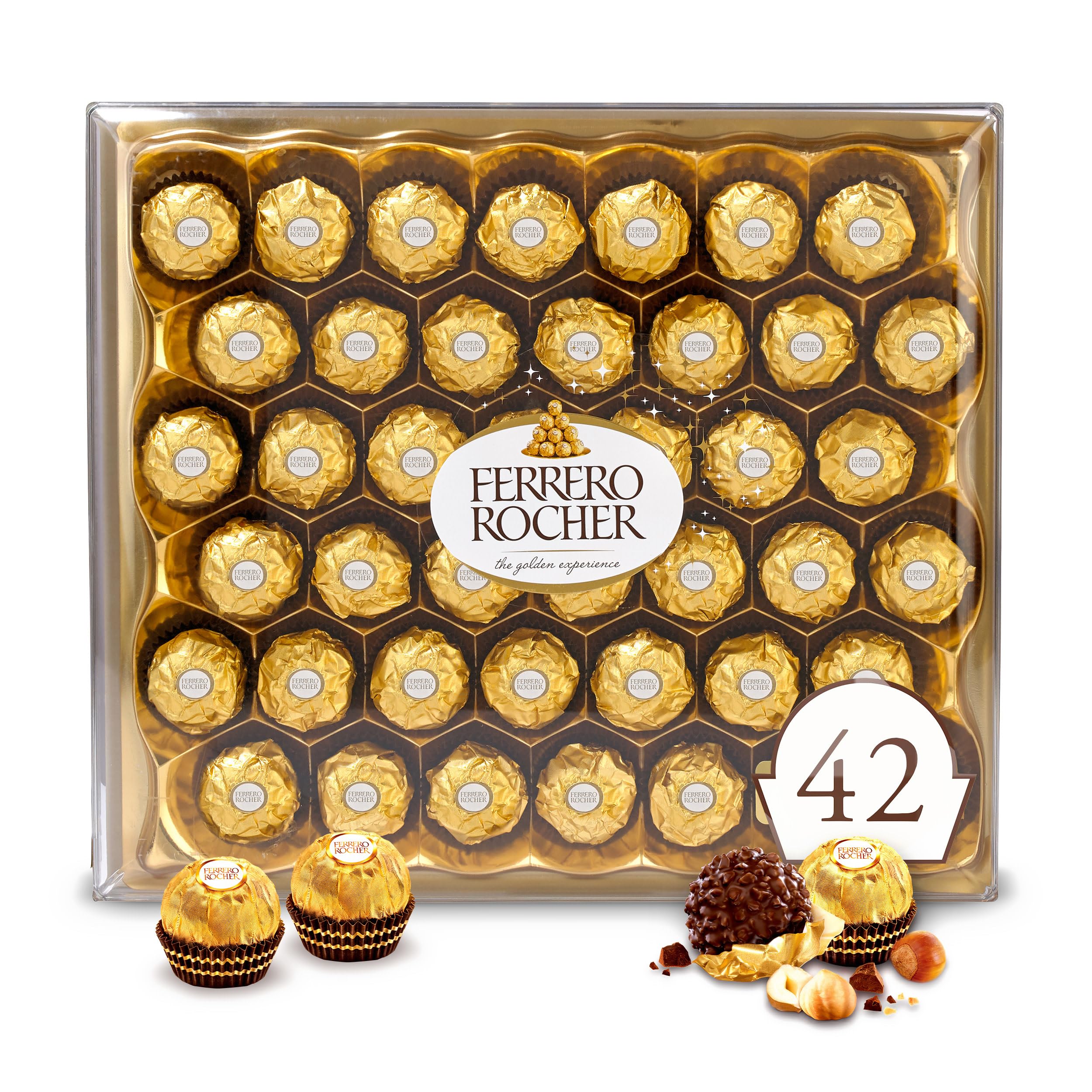 Ferrero Rocher, 42 Count, Gourmet Milk Chocolate Hazelnut, Chocolate Gift Box, Individually Wrapped, 18.5 oz