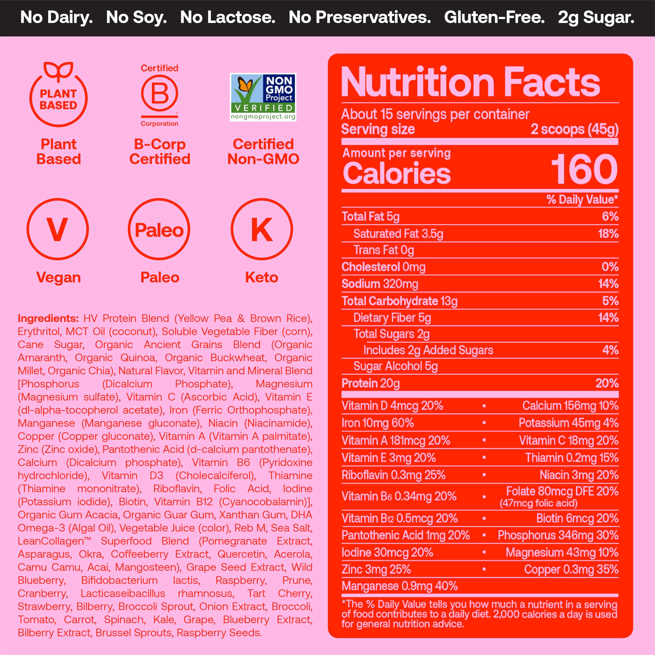 Happy Viking Strawberry Protein + Superfoods Powder, Created by Venus Williams, 20G Protein, Low Carb, Keto, Vegan, Gluten-Free, Non-GMO, Superfoods, Complete Meal Replacement, 1 Canister (24 oz.)