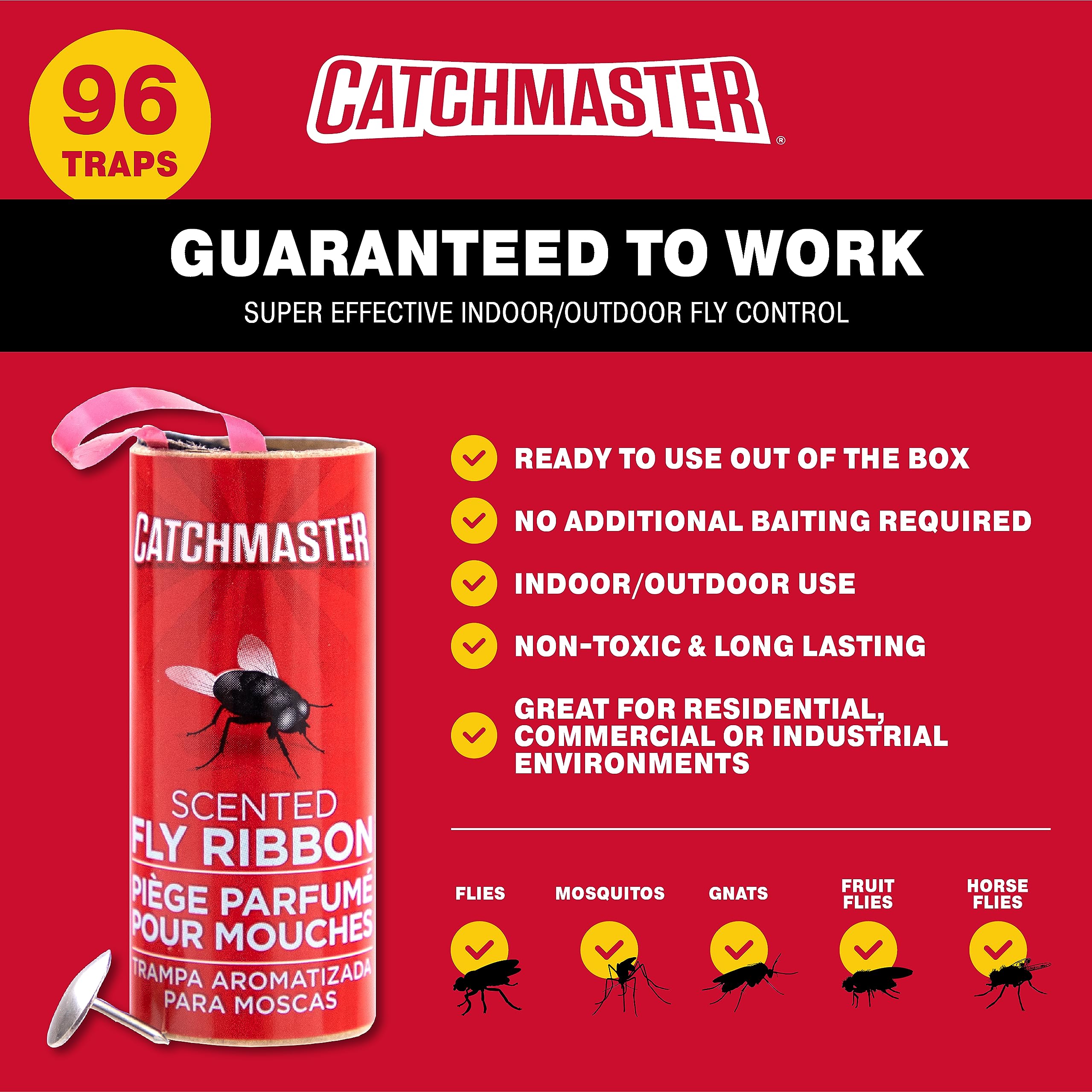 Catchmaster Fly Ribbon 96-Pack, Bug & Fruit Fly Traps Outdoor and Indoor, Premium Adhesive Sticky Fly Strips & Gnat Hanging Strips, Bulk Scented Flying Insect Paper Rolls, Non-Toxic Home Pest Control