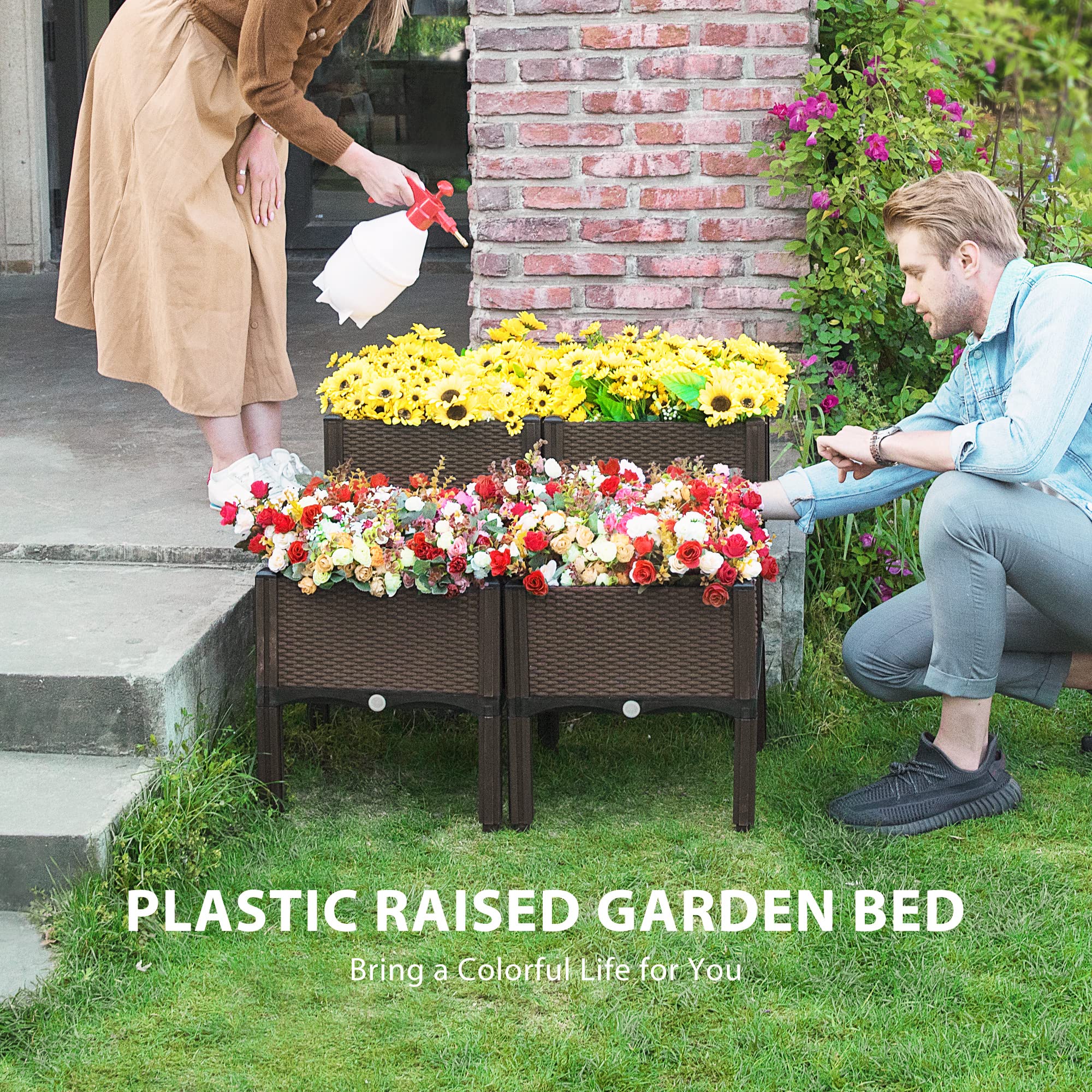 VIVOHOME 4 Packs Elevated Plastic Raised Garden Bed Planter Kit, Outdoor Planters Above Ground Flower Vegetable Standing Box for Patio Deck Porch W/Drainage Holes