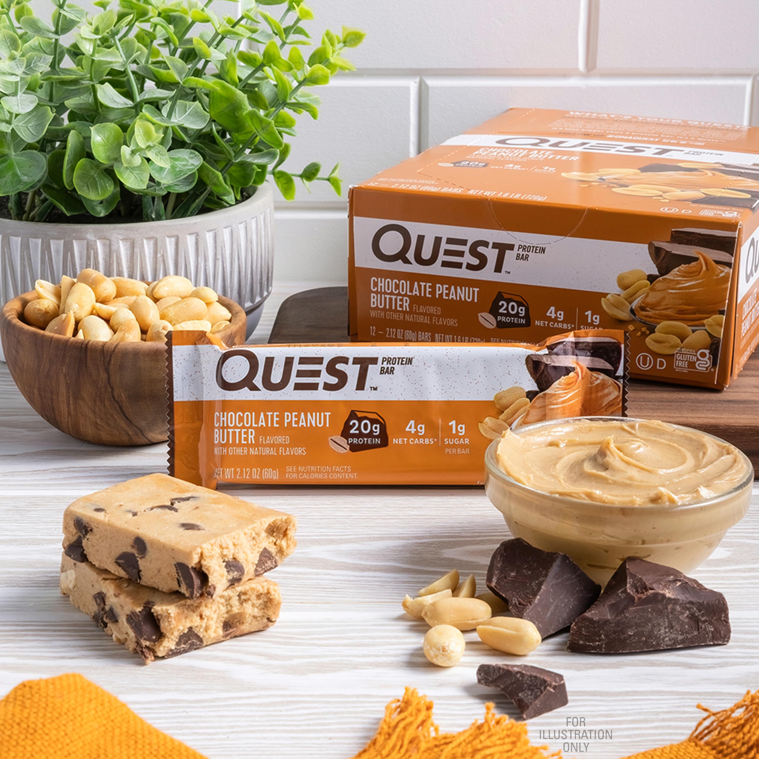 Quest Nutrition Chocolate Peanut Butter Bars, 20g Protein, 1g Sugar, 5g Net Carb, Gluten Free, Keto Friendly, 12 Count