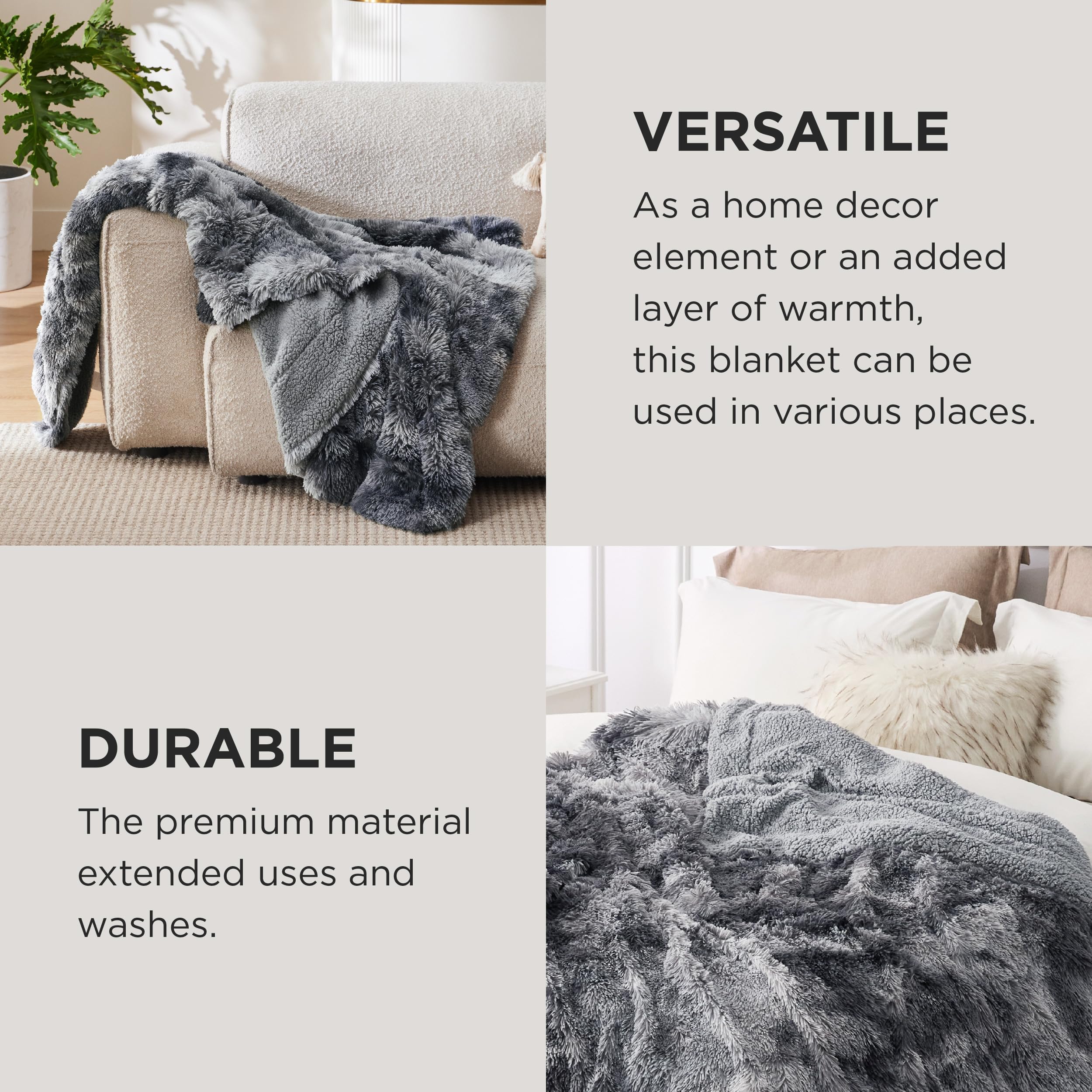 Bedsure Soft Throw Blanket for Couch, Fuzzy Blanket Fluffy Sherpa Fleece Blankets & Throws, Christmas Blanket Gifts for Women Men, Cozy Thick Warm Plush Faux Fur Blanket Bed Room Decor, 50x60, Grey