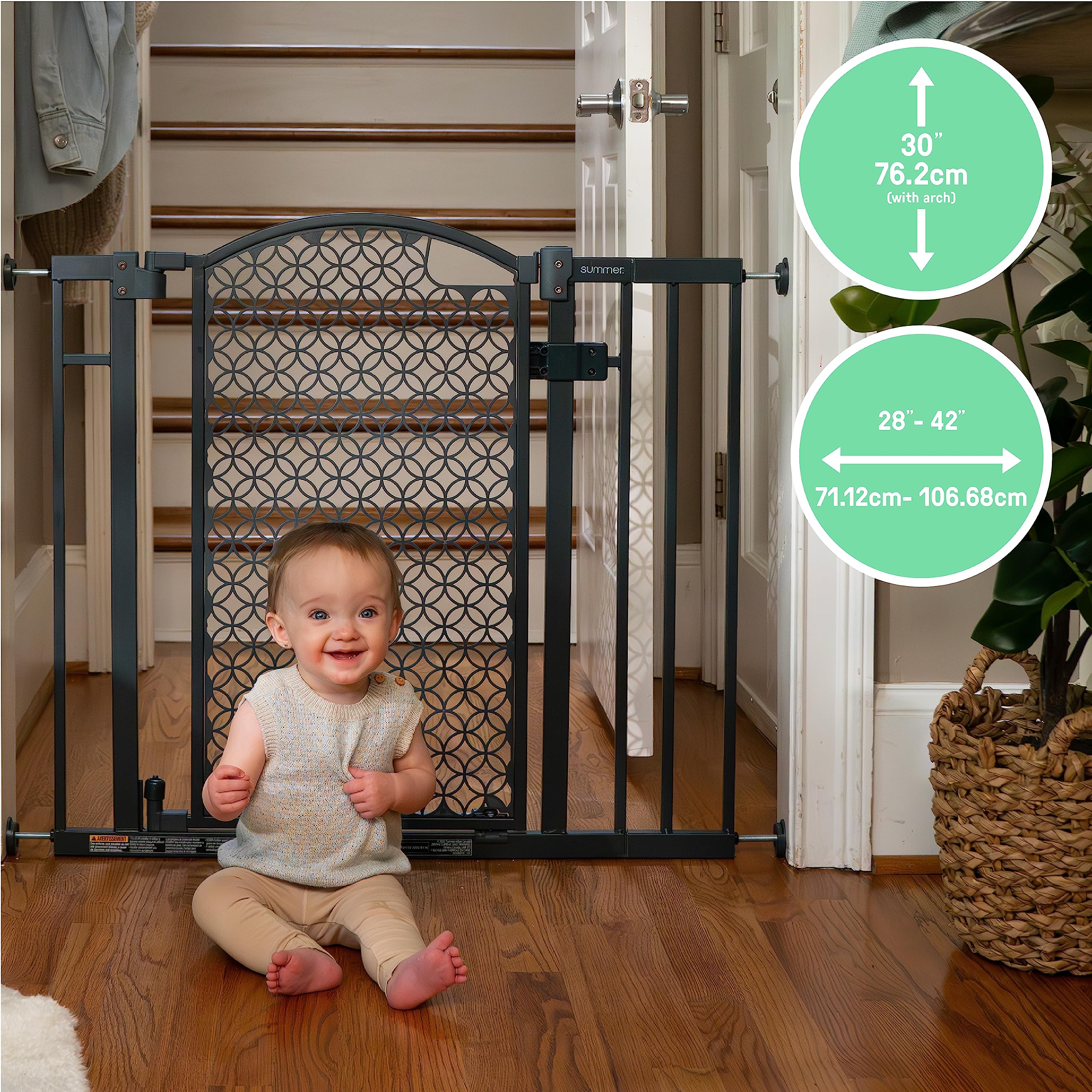 Summer Infant Modern Home Walk-Thru Safety Pet and Baby Gate, 28"-42" Wide, 30" Tall, Pressure or Hardware Mounted, Install on Wall or Banister in Doorway or Stairway, Auto Close Door - Gray