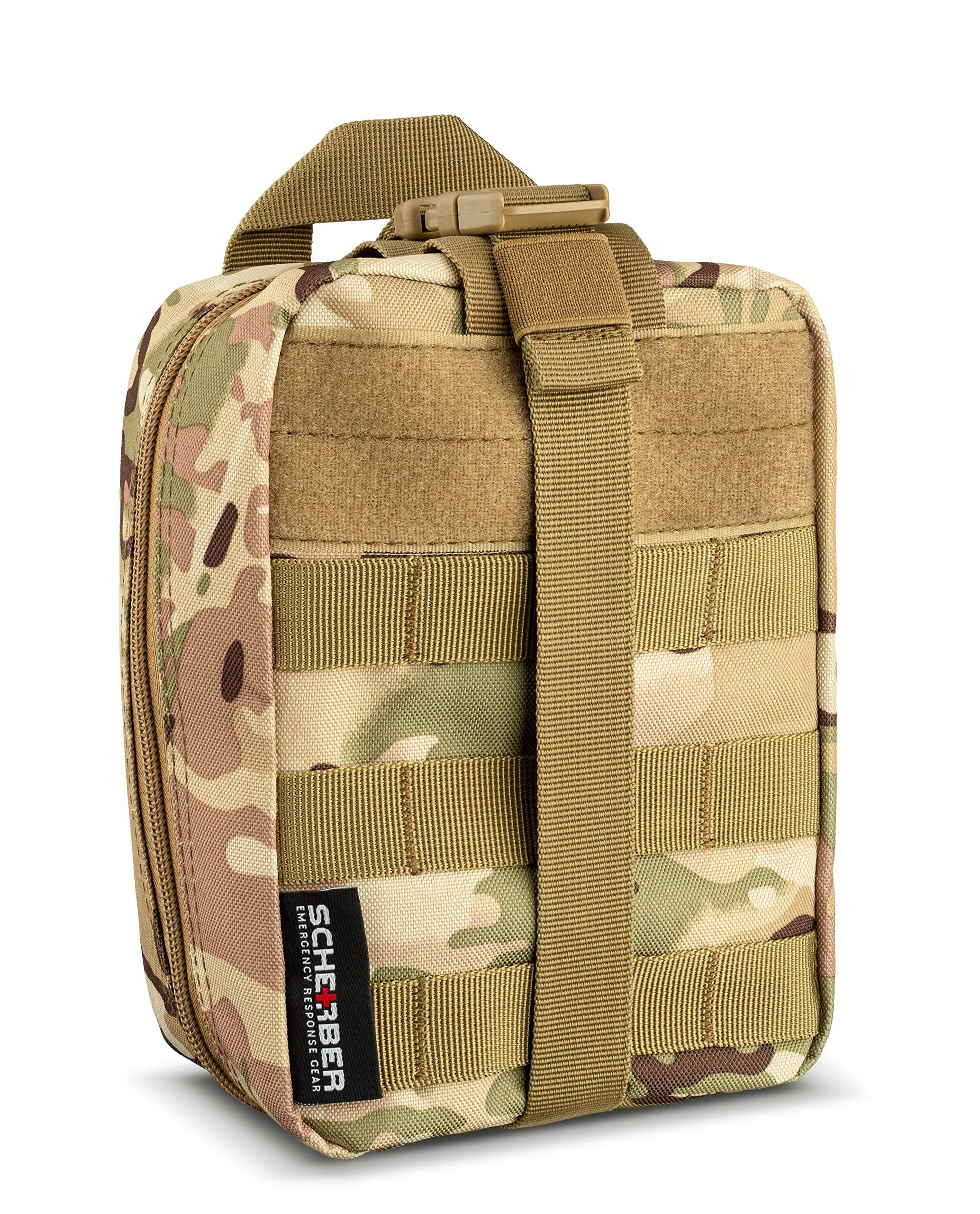 Scherber Premium IFAK Kit Trauma Pack | HSA/FSA Approved | SOF Tourniquet, QuikClot 4x4 HyFin Chest Seal, Israeli Bandage | Fully Stocked MOLLE Pouch for Gunshot, Bleeding, Major Wound Care (Camo)