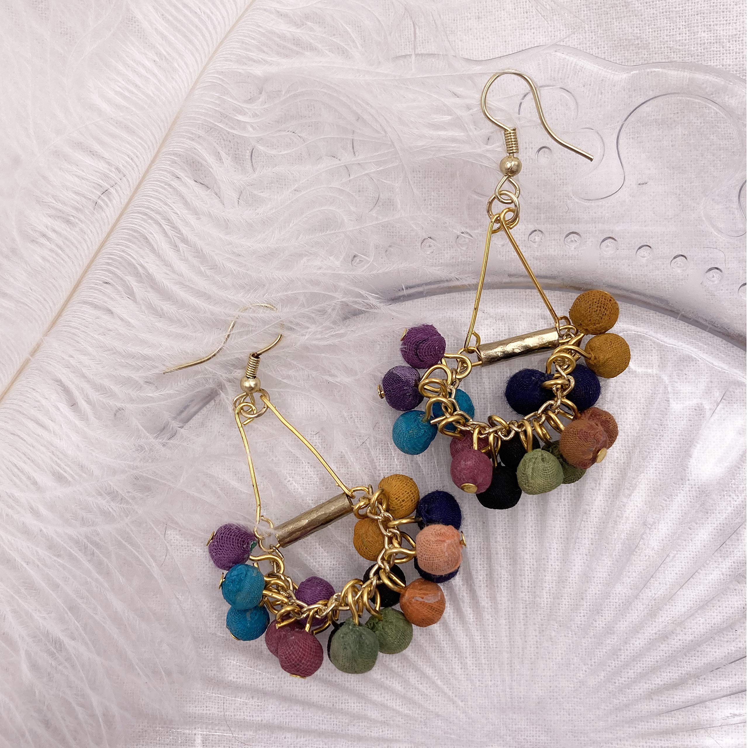 Handmade Earrings for Women Colorful Fabric Beads Holi Festival Dangle Fashion T011