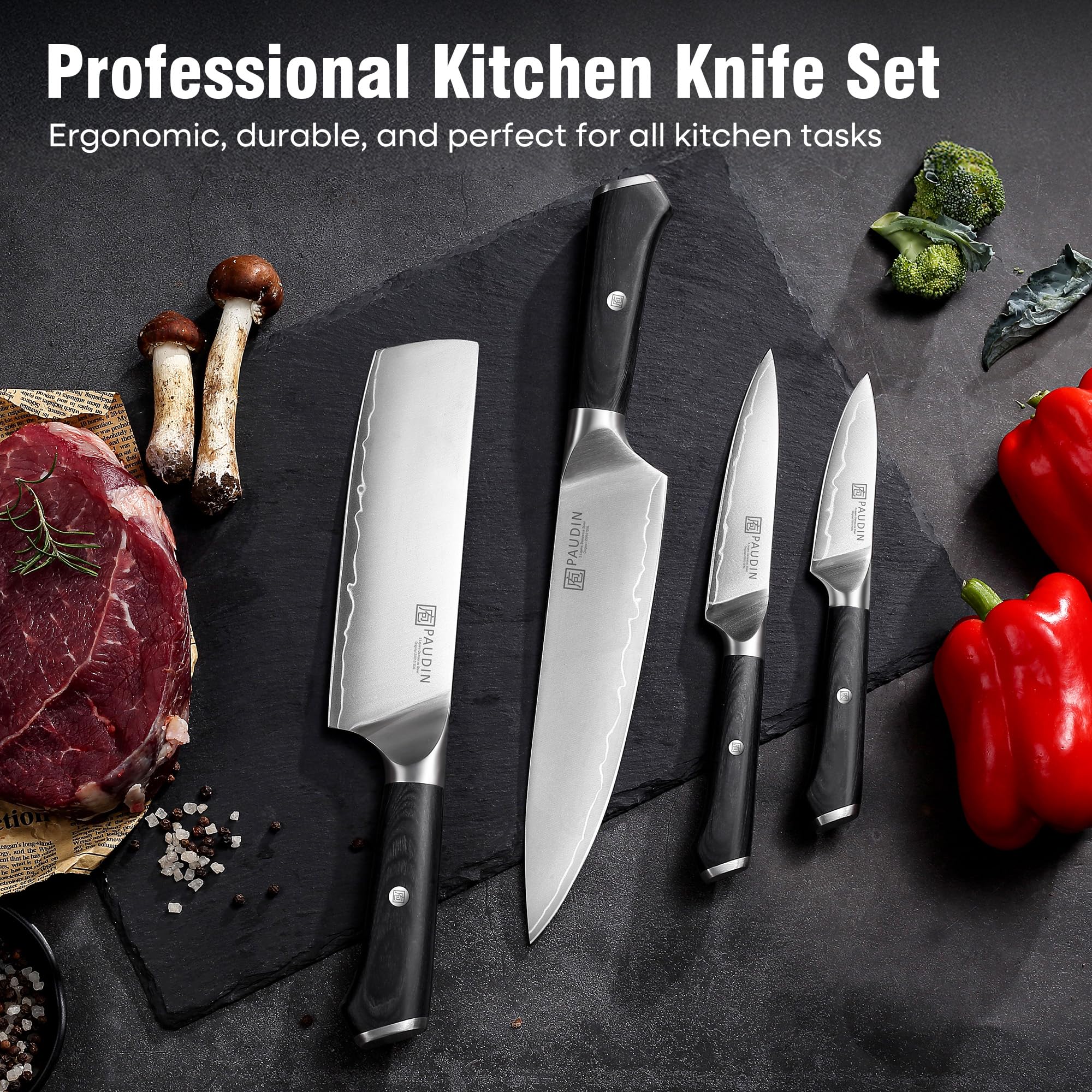 PAUDIN Kitchen Knife Set, 4 Pieces Chef Knife Set, High Carbon Stainless Steel Knife Set, Ultra-Sharp Knives Set for Kitchen with Ergonomic Wooden Handle, Gifts for Men and Women