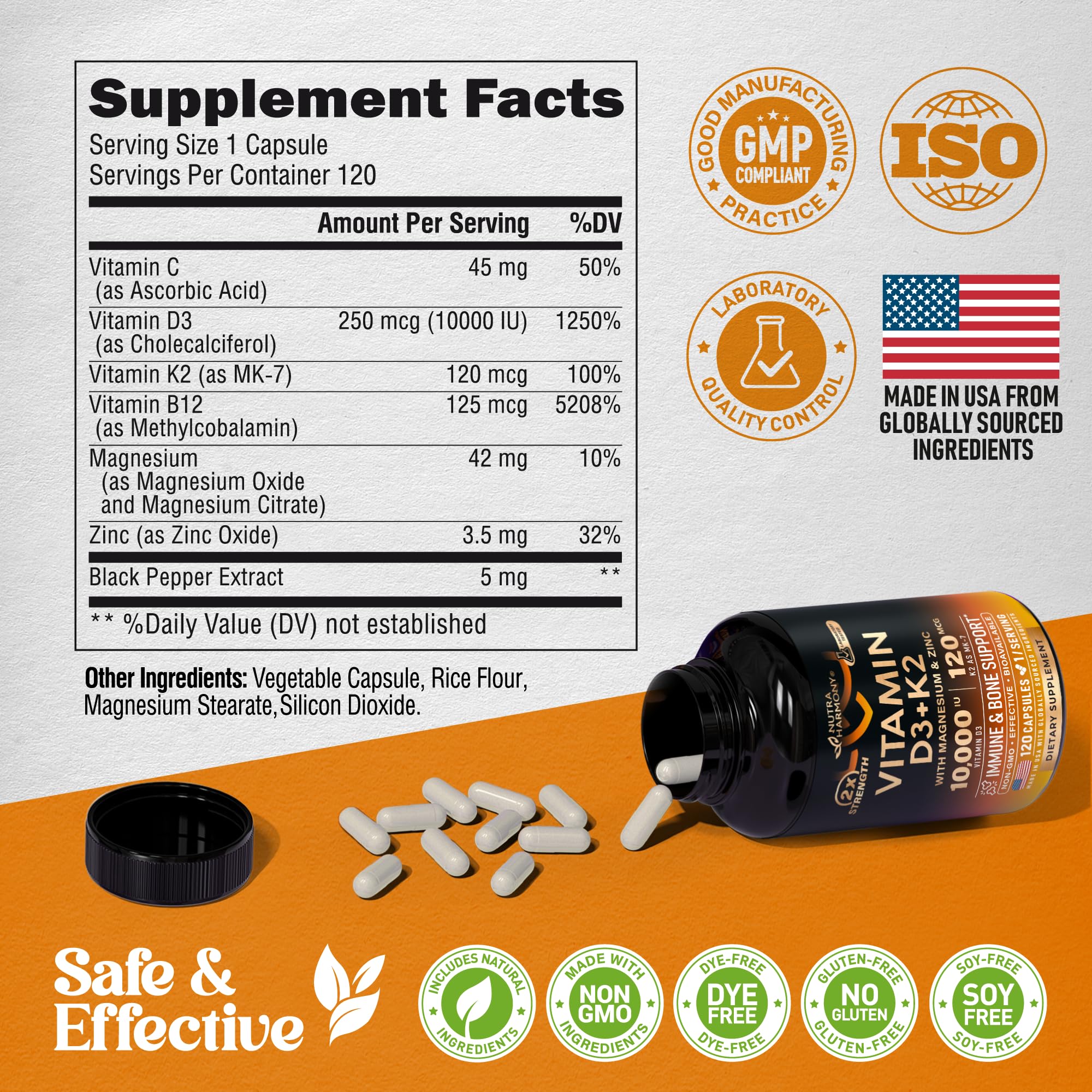 Vitamin D3 K2 - Vitamin D3 10000 iu & K2 as MK-7 120 mcg - Immune & Mood Support, for Bone & Teeth Health - with Magnesium, Zinc & Vitamin C & B12 - Highly Bioavailable - Made in USA, 120 Capsules