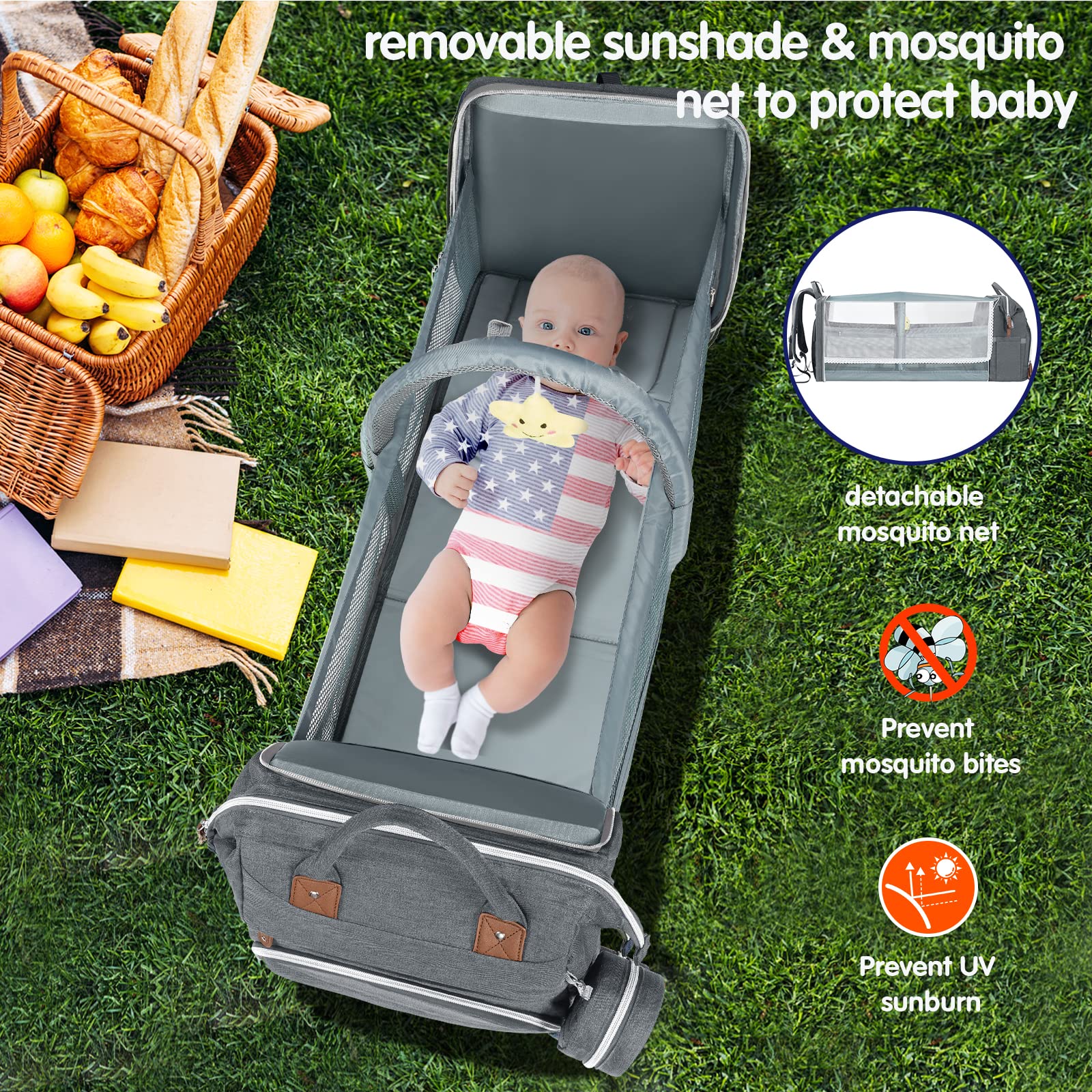 DERJUNSTAR Diaper Bag Backpack,Baby Diaper Bags, Multifunctional Travel Diaper Waterproof Backpack for Baby Boy & Girls, with Portable Diaper Pad,Grey