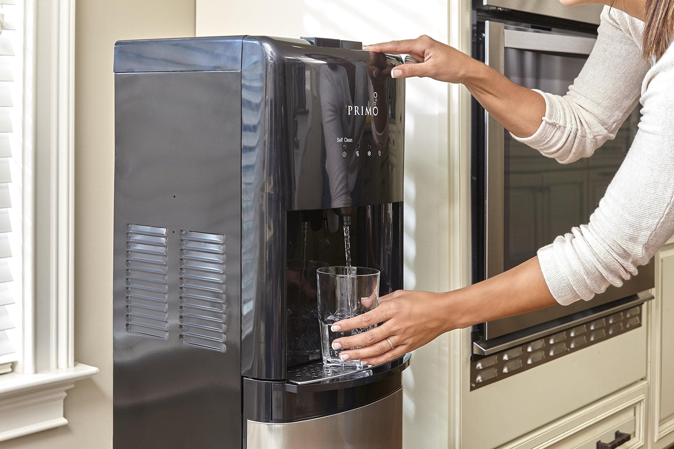 Primo Bottom-Loading Self-Sanitizing Water Dispenser, 3 Temp (Hot-Cool-Cold) Water Cooler Water Dispenser for 5 Gallon Bottle w/Child Safety Lock, Black and Stainless Steel
