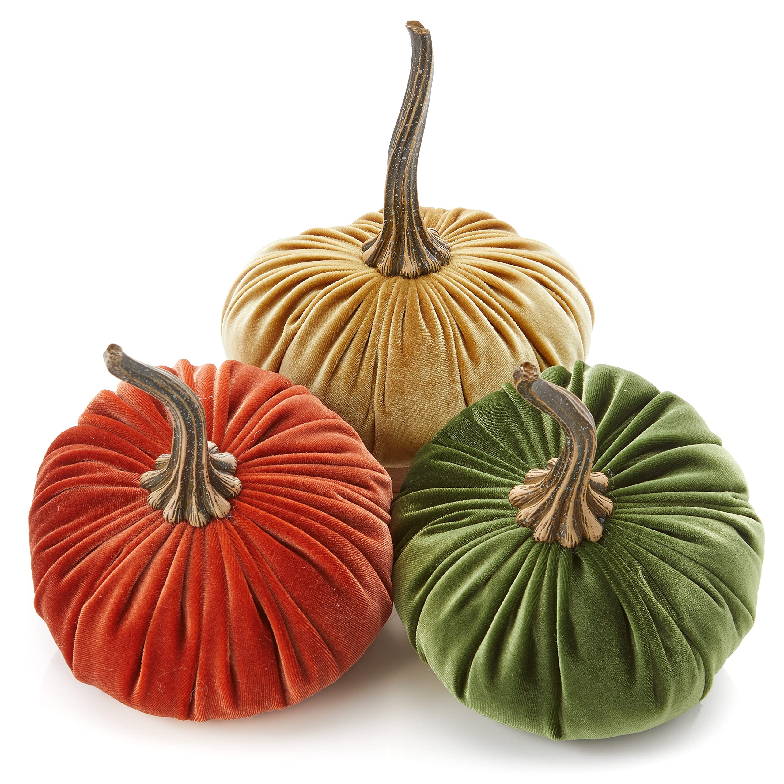 6.25 Inch Velvet Pumpkins Set of 3, best seller for fall, Halloween indoor decor, autumn cozy vibe gift for hostess, Thanksgiving elegant tablescape, office decor (Rust, Gold, Olive)