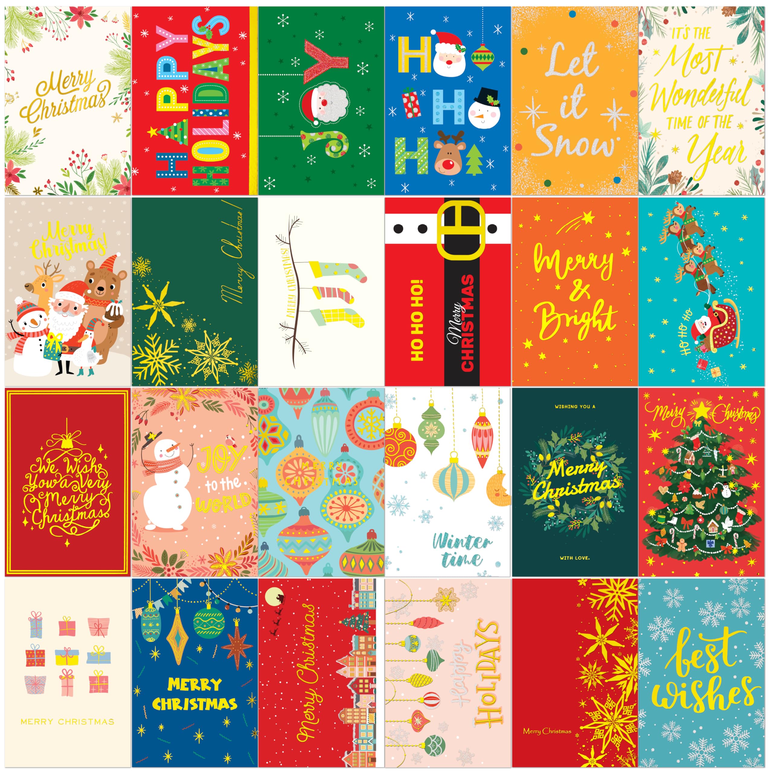 SPIRITDUST 24 Pack Gold Foil Glitter Christmas Cards with Envelopes and Stickers, Holiday Greeting Cards, 4 x 6 inch 24 Designs Christmas Cards Bulk for Friends, Family, Kids