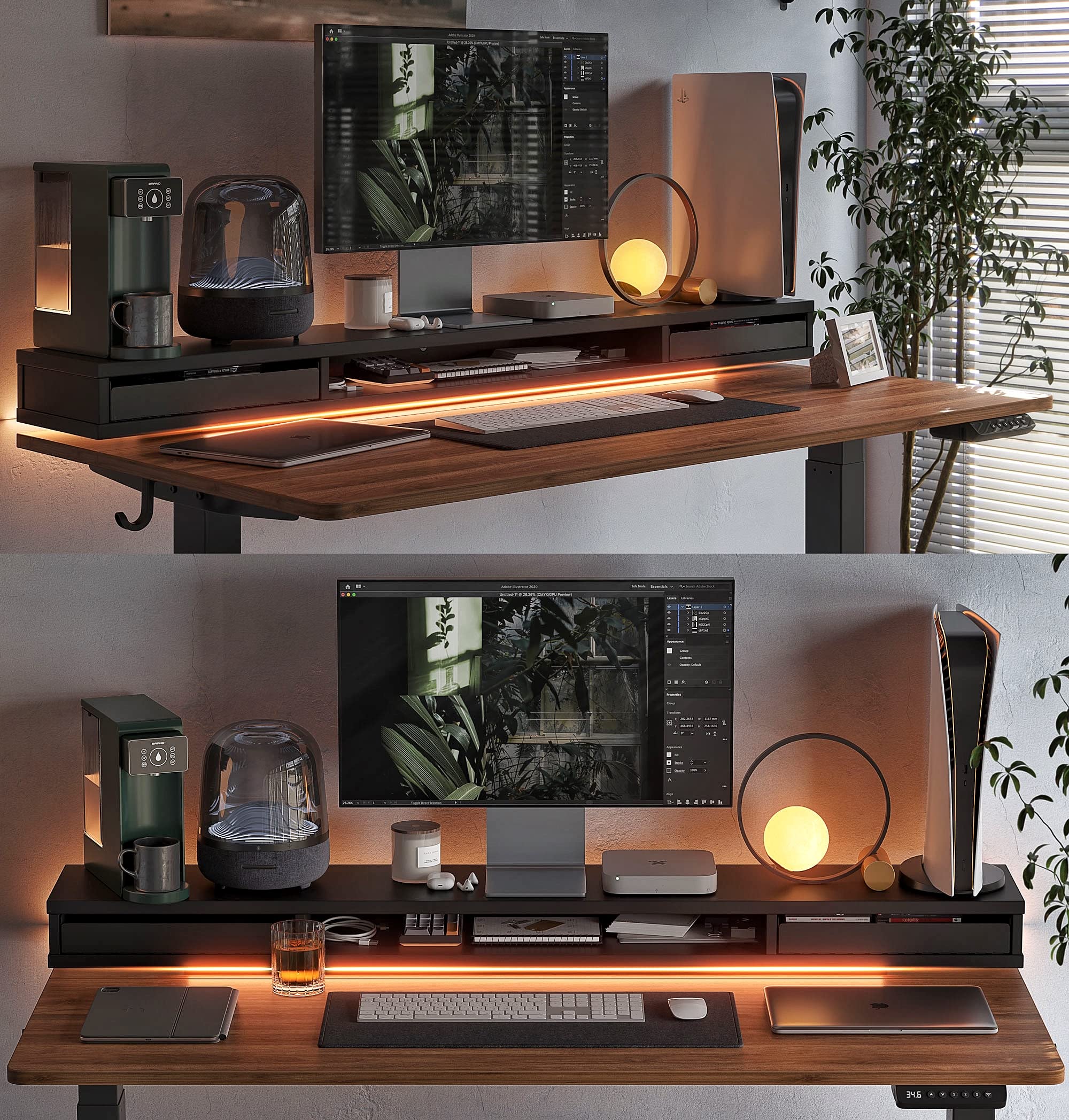 FEZIBO 55 x 24 Inch Height Adjustable Electric Standing Desk with Double Drawers, Stand Up Desk with LED Strips, Sit Stand Desk with Monitor Stand, Blcak Walnut