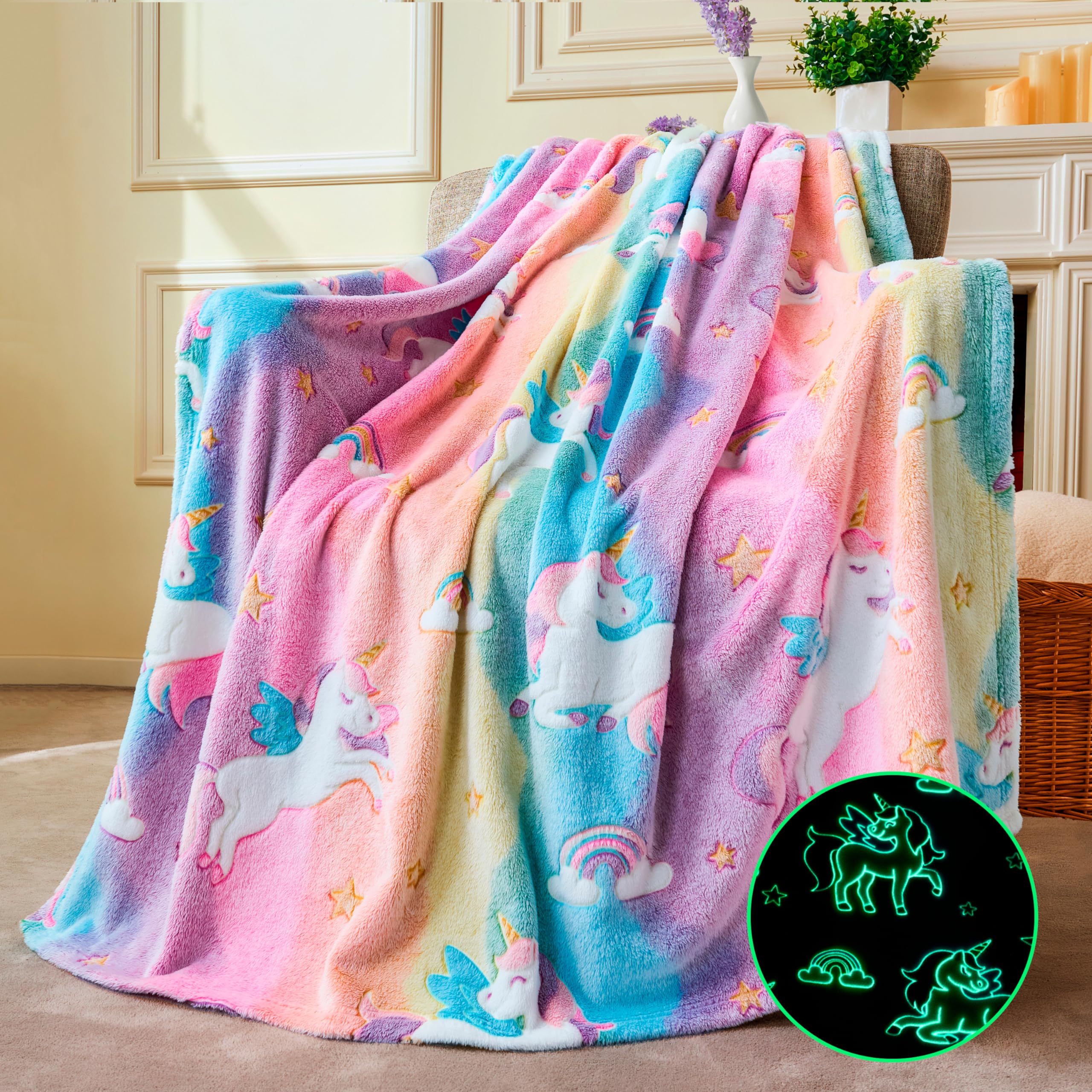 Joiedomi Glow in The Dark Blanket - Unicorns Gifts for Girls Age 2 3 4 5 6 7 8 9 10 11 12 Year Old - Soft Cozy Flannel Kids Throw Blanket - Birthday Bedroom Decor 50"×60"