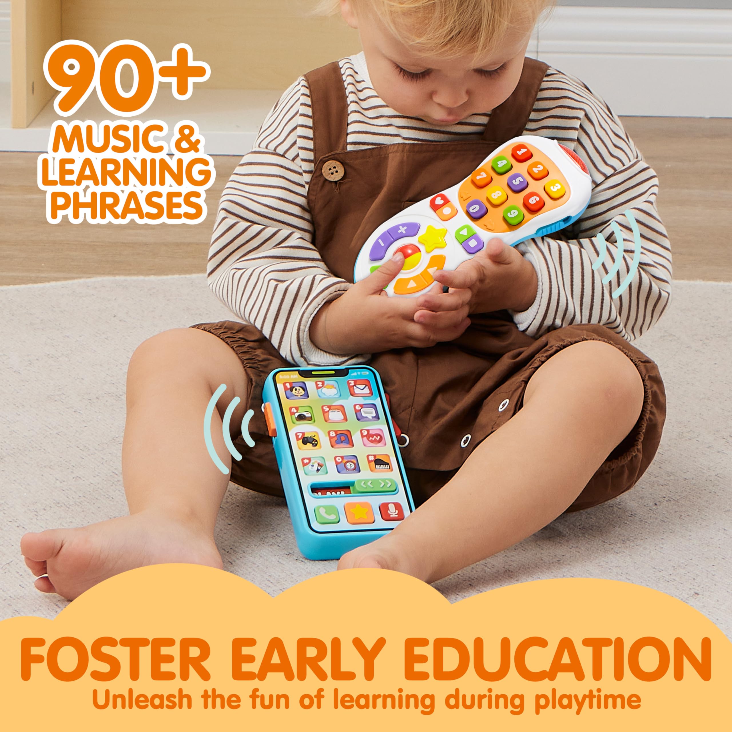 JOYIN Upgraded Toy Phone and Remote Control Set, 90+ Music and Learning Phrases, Baby Toys 6-12 Months, Toddler Birthday Gifts for 1 2 3+ Year Old Girs Boy Toys, Holiday Stocking Stuffers