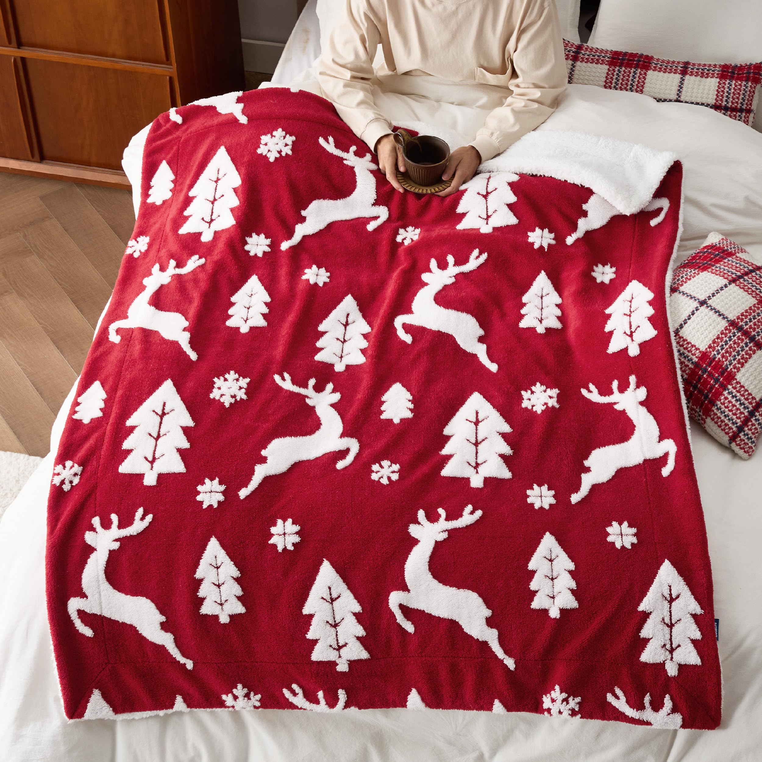 Bedsure Christmas Blanket Red - Luxury Christmas Decorations Holiday Deer Blanket Warm Cozy Sherpa Blanket Gift 50"x60"