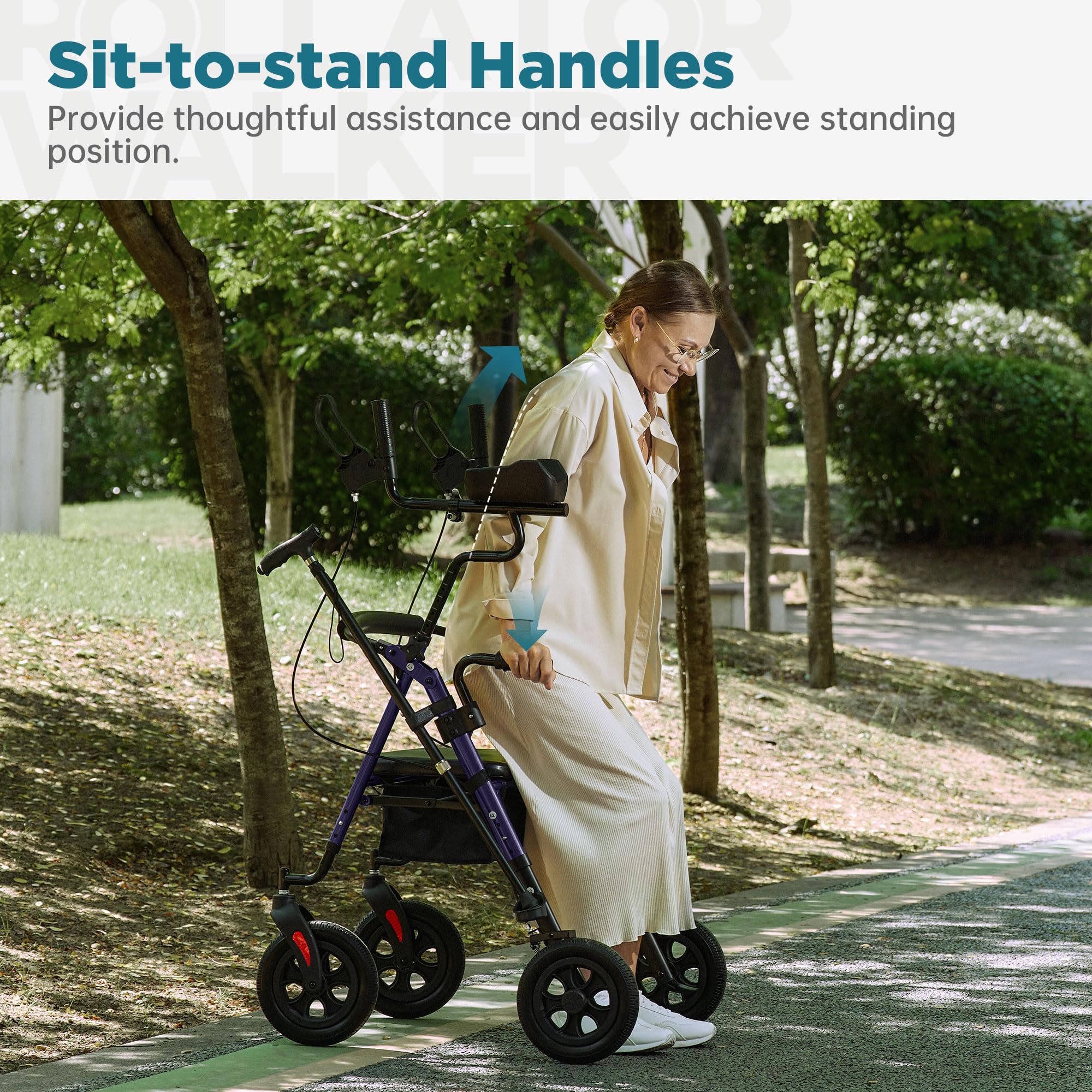 ELENKER All-Terrain Upright Rollator Walker, Stand Up Rolling Walker with 10’’Big PU Wheels and Adjustable Padded Armrests for Seniors from 4’8”to 6'4”, Purple