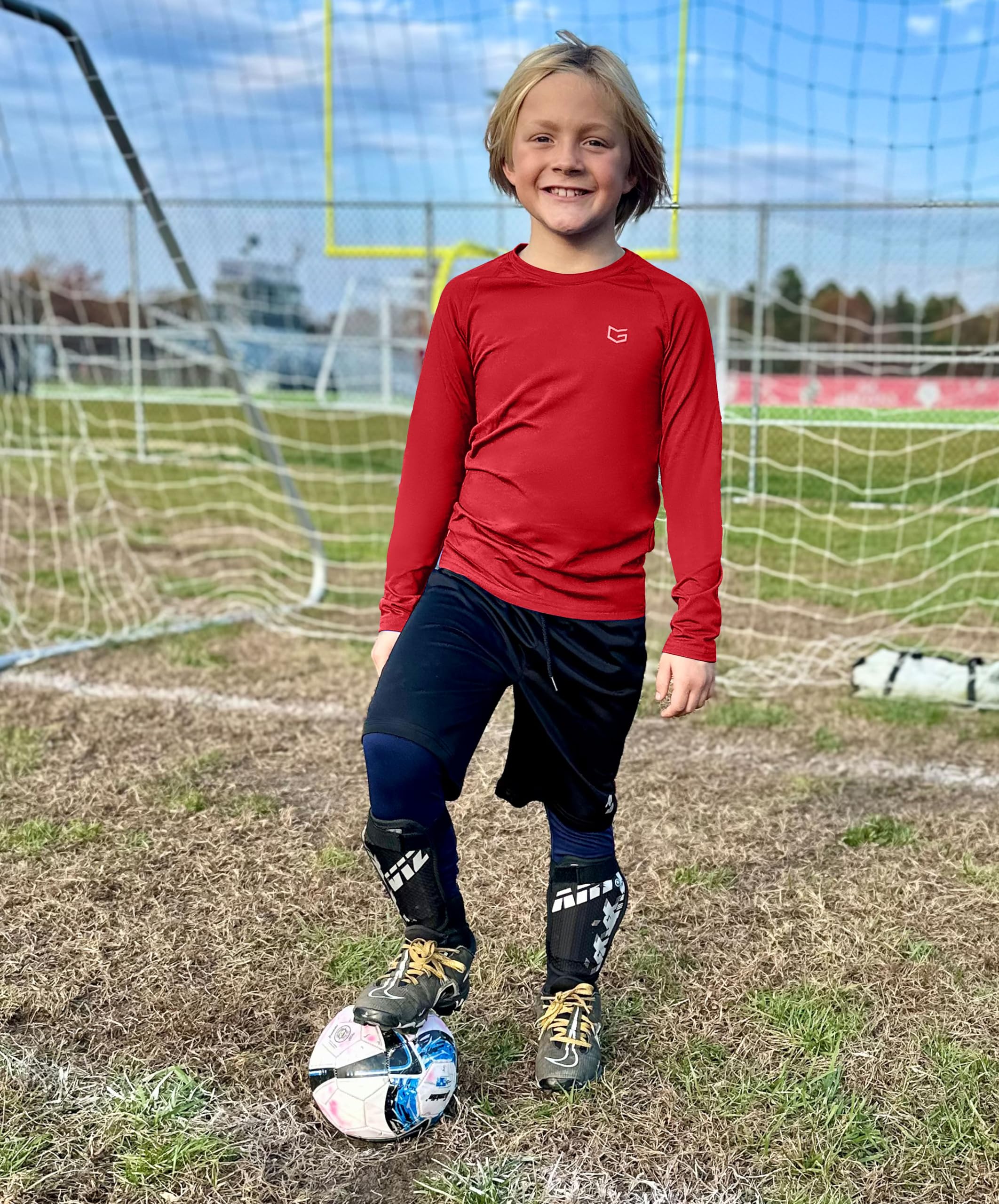 Youth Boys Compression Thermal Shirt Long Sleeve Fleece Undershirt for Boy Football Baseball Soccer Base Layer(Red,XL)