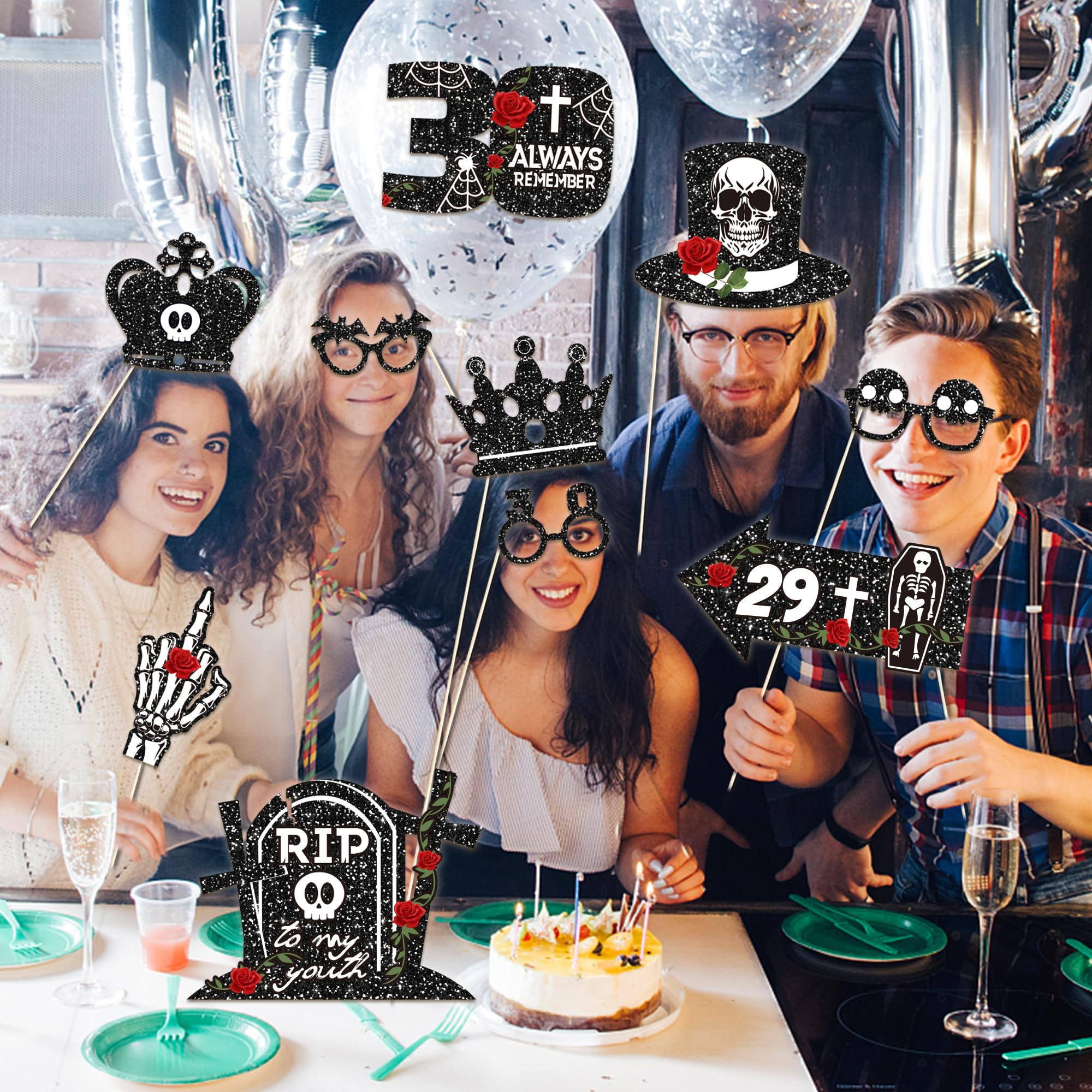 25pcs 30th Birthday Photo Booth Props with Stick 30 Birthday Party Supplies Rip to My Youth Skull Selfie Prop for My Youth Funny Thirtieth Black Birthday Party Decoration