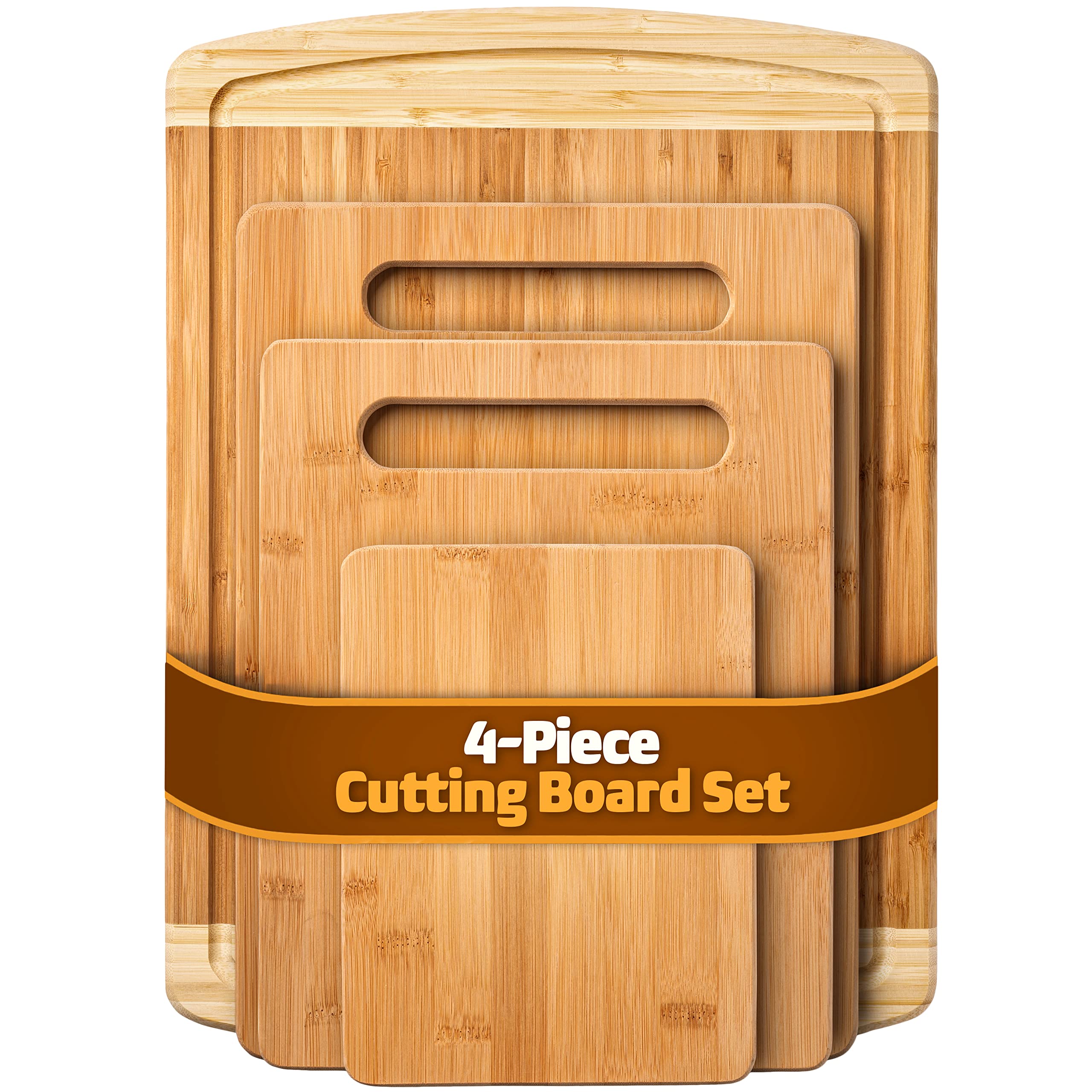 Bamboo Cutting Board Set - Wood Cutting Boards for Kitchen, Chopping Board with Juice Groove for Meat, Cheese and Vegetables - Large Butcher Block, Cheese Board & Charcuterie Board (Set Of 4)