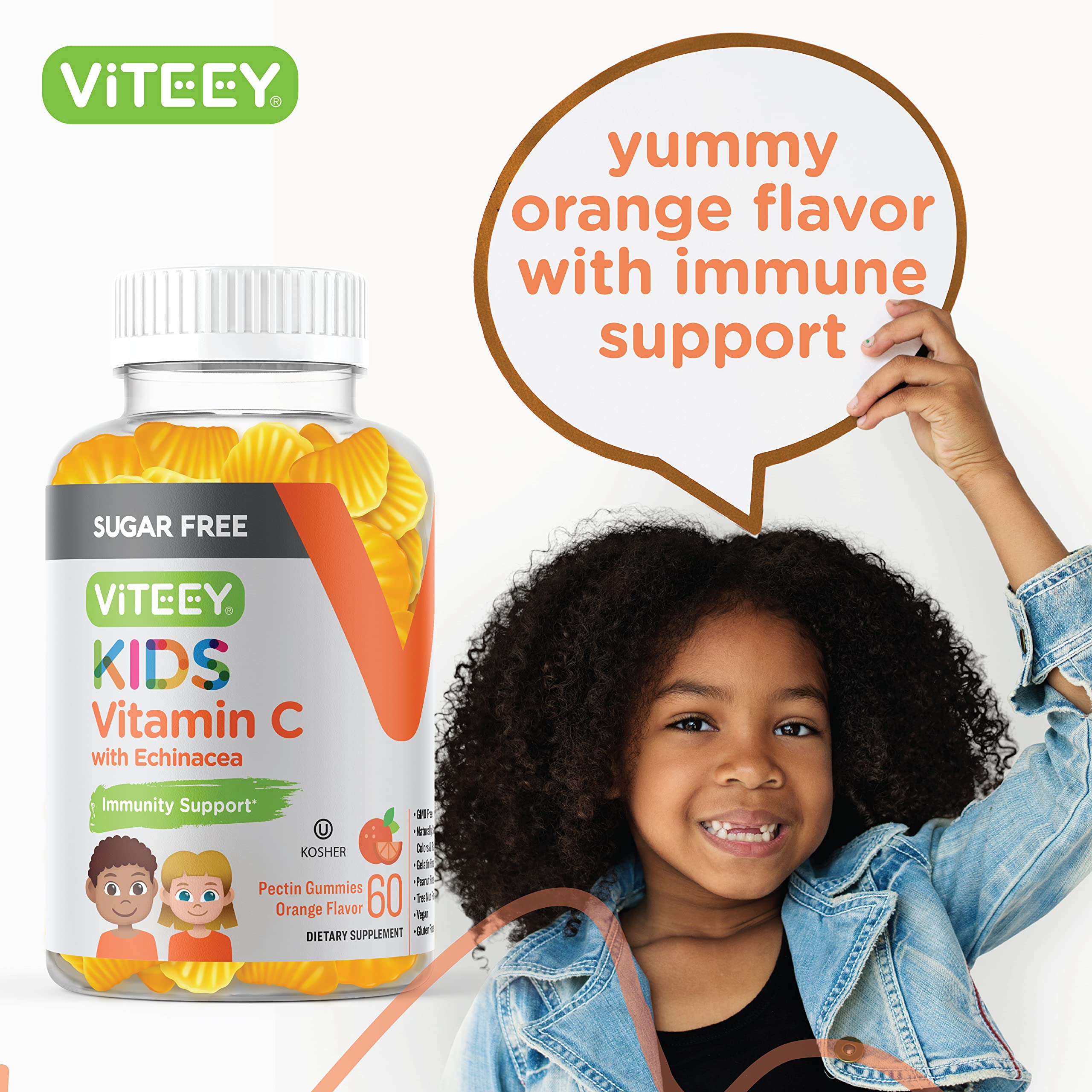 Kids Vitamin C Gummies 75mg, with Echinacea - Sugar Free - Immune Support for Kids, Toddlers, & Teens - Vegan, Gelatin Free, Gluten Free, GMO Free - Tasty Chewable Orange Flavored Kids Immunity Gummy