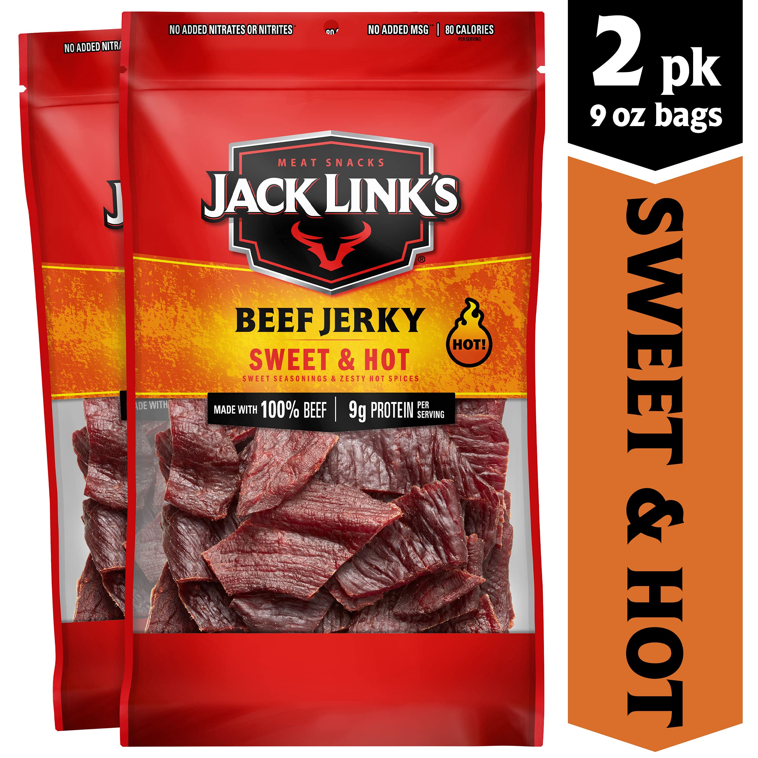 Jack Link's Beef Jerky, Sweet & Hot – Spicy Everyday Snack, 9g of Protein and 80 Calories, Made with 100% Beef – 96% Fat Free, No Added MSG** – 9 Oz. (Pack of 2)