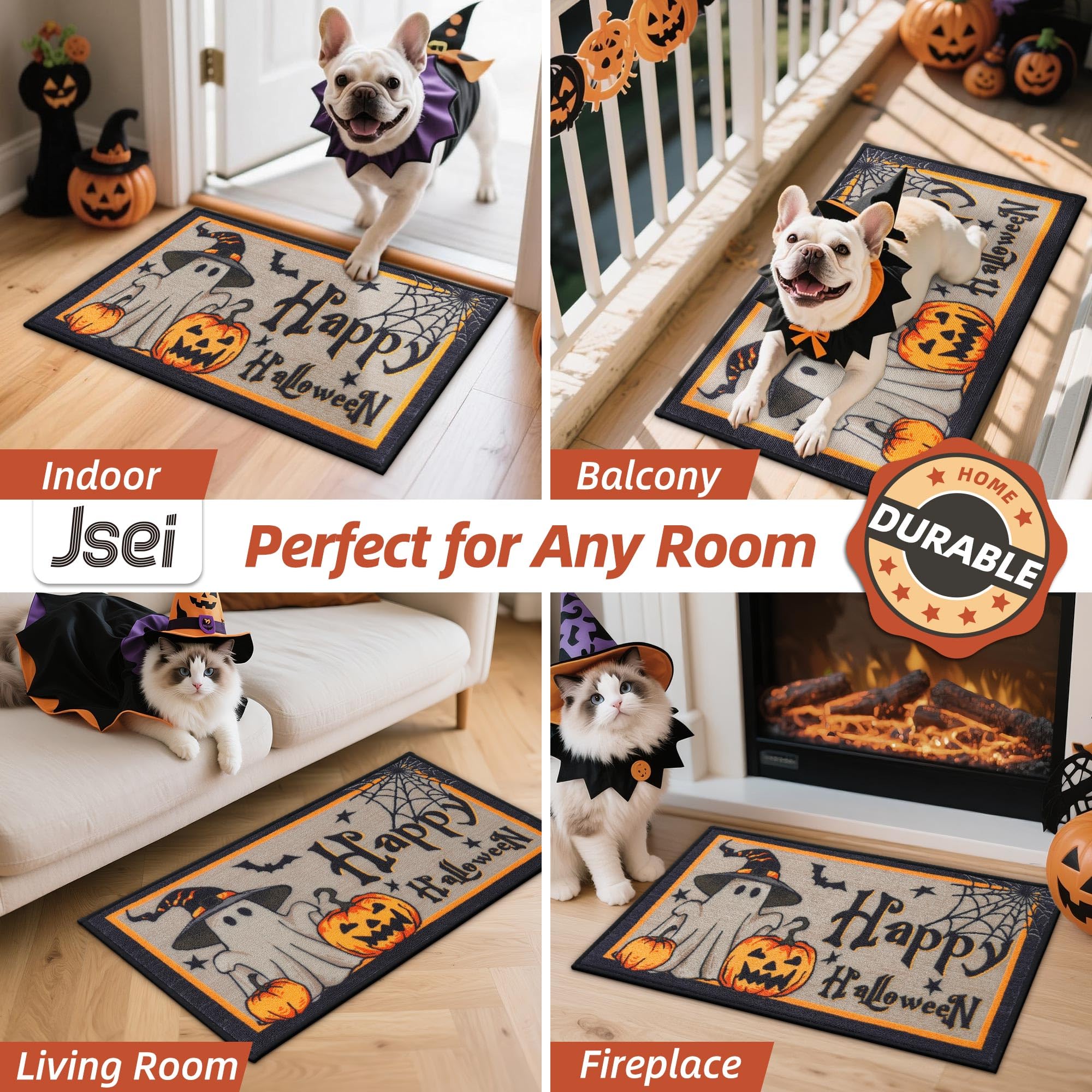JSEI Halloween Holiday Doormat, 17''x30'' Non-Slip Ghost and Pumpkins Decorative Welcome Mats for Floor, Low-Profile Entryway Rugs Washable, Cute Ghost Pattern
