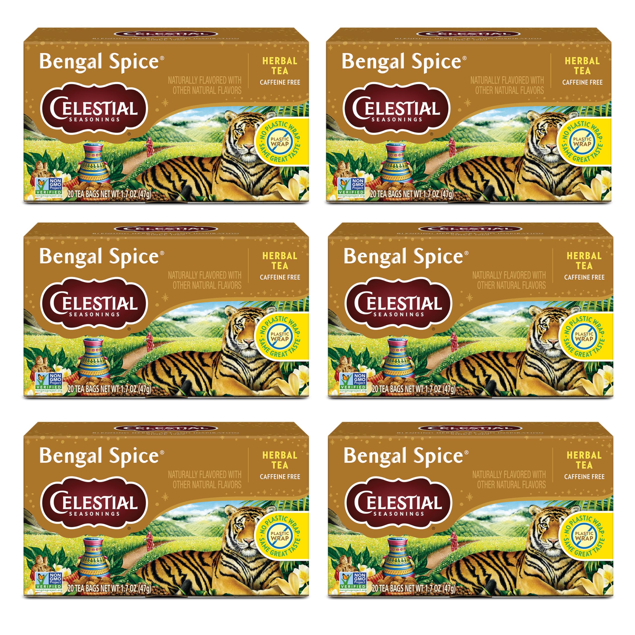 Celestial Seasonings Bengal Spice Herbal Tea, Caffeine Free, 20 Tea Bags Box, (Pack of 6)