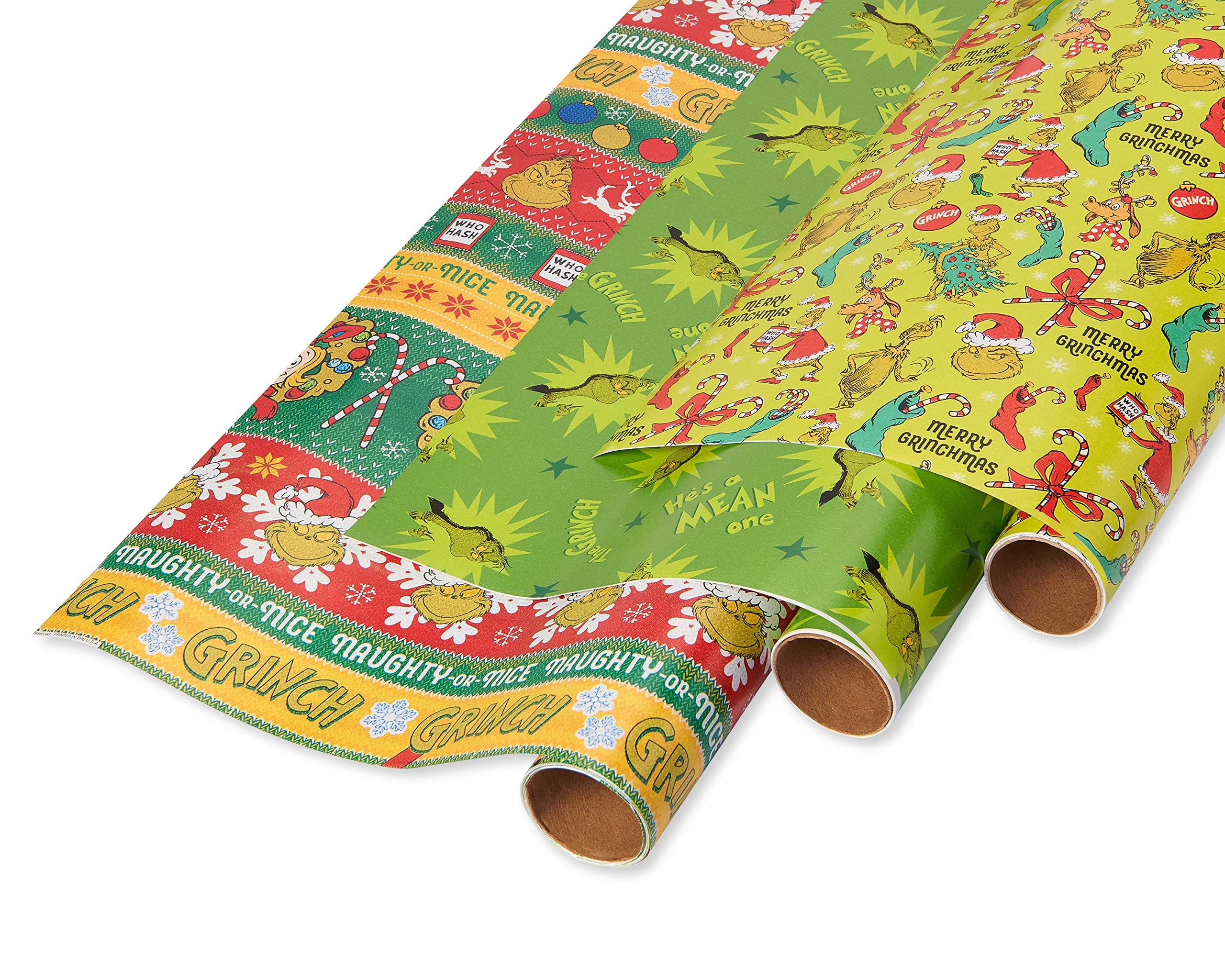 American Greetings 105 sq. ft. Grinch Christmas Wrapping Paper Bundle with Cut Lines, Grinch (3 Rolls 30 in. x 14 ft.)