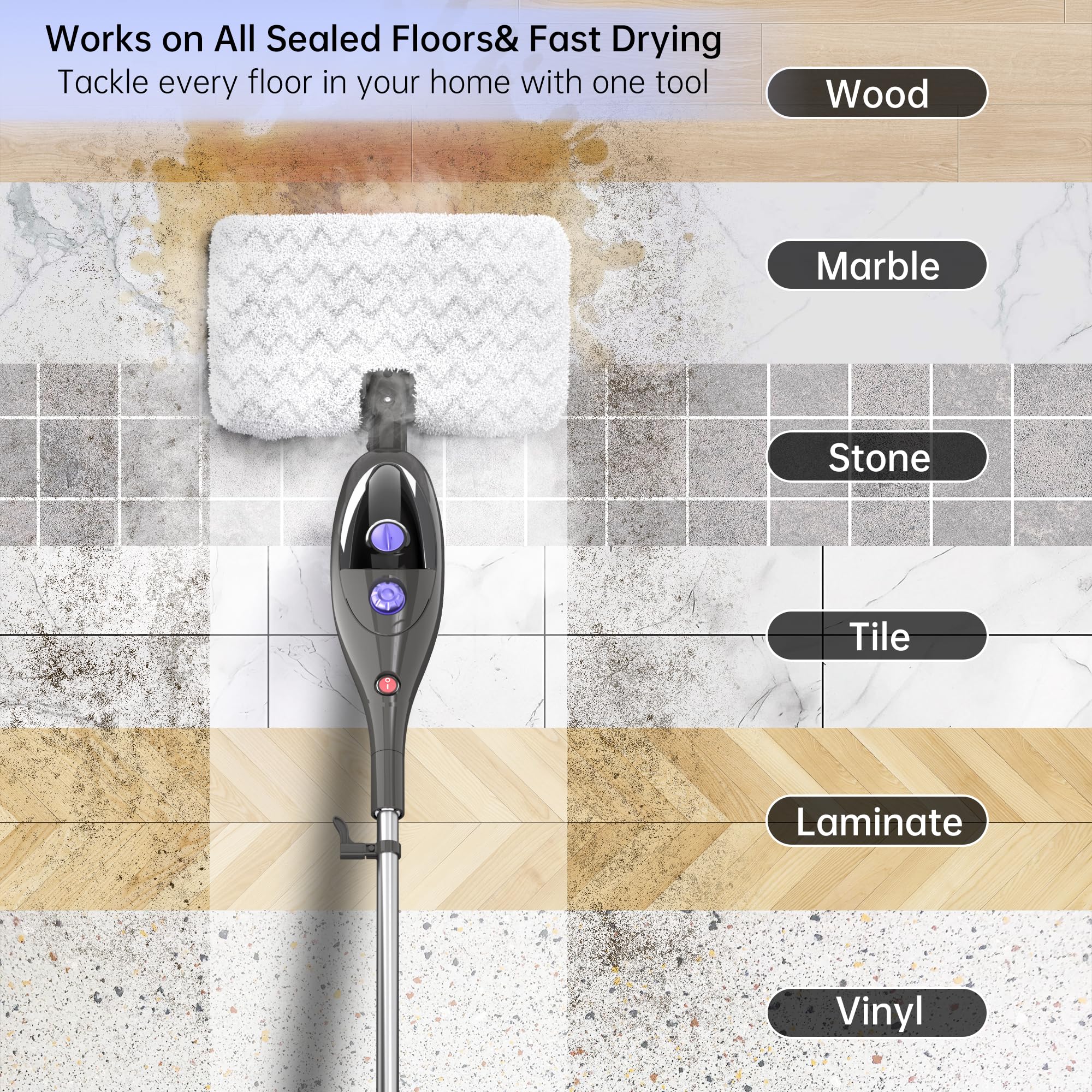 12 in 1 Steam Mop,Detachable Handheld Steam Cleaner for Hardwood Floors, Tile, Carpet, Clothes, Windows & Furniture, Lightweight Floor Steamer with 15S Fast Heat-Up & Adjustable Steam