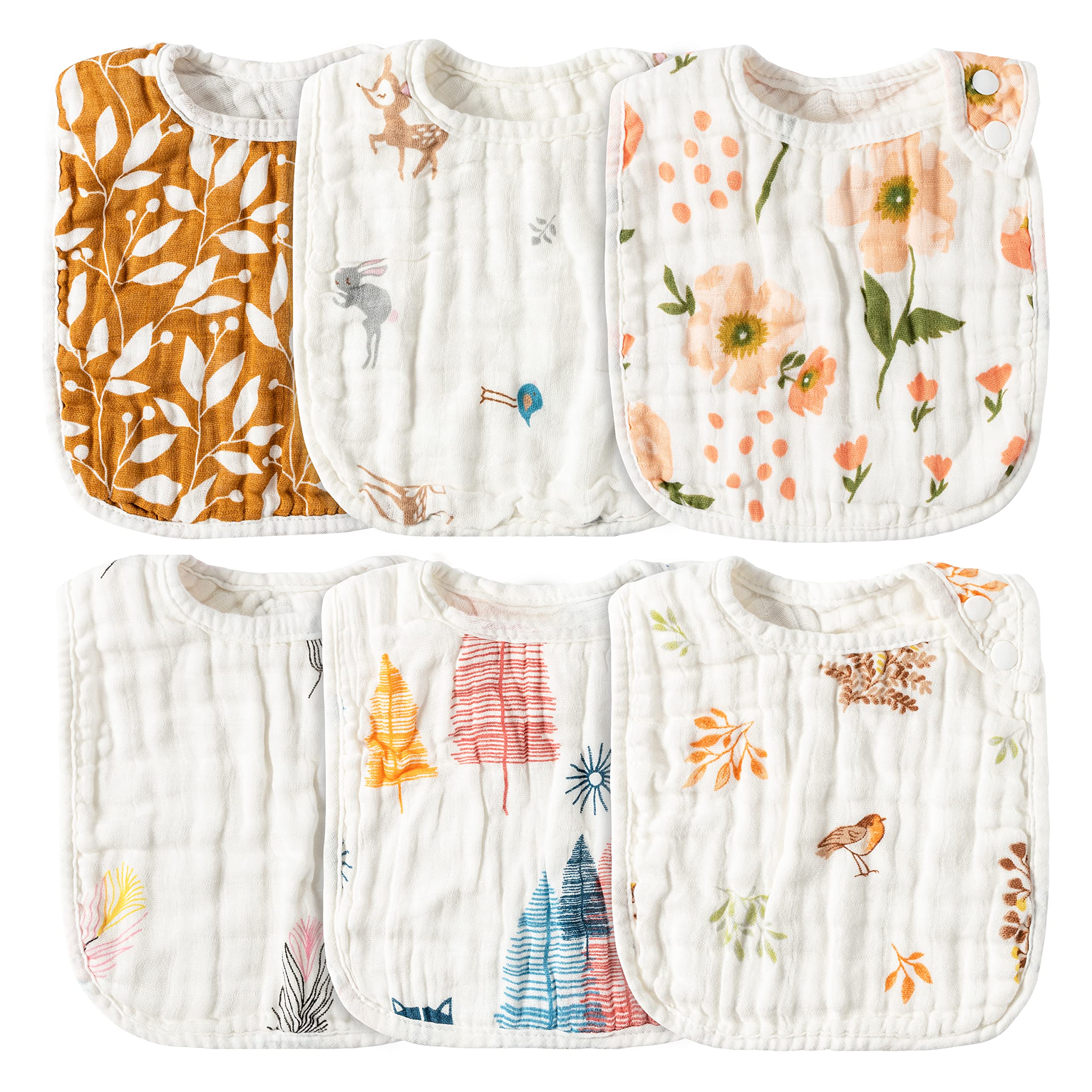 Zainpe 6Pcs Muslin Cotton Bibs for Baby Flower Bunny Deer Adjustable Machine Washable Neutral Burp Cloths with 6 Absorbent Soft Layers for Unisex Infant Newborn Toddler Drooling Feeding Teething