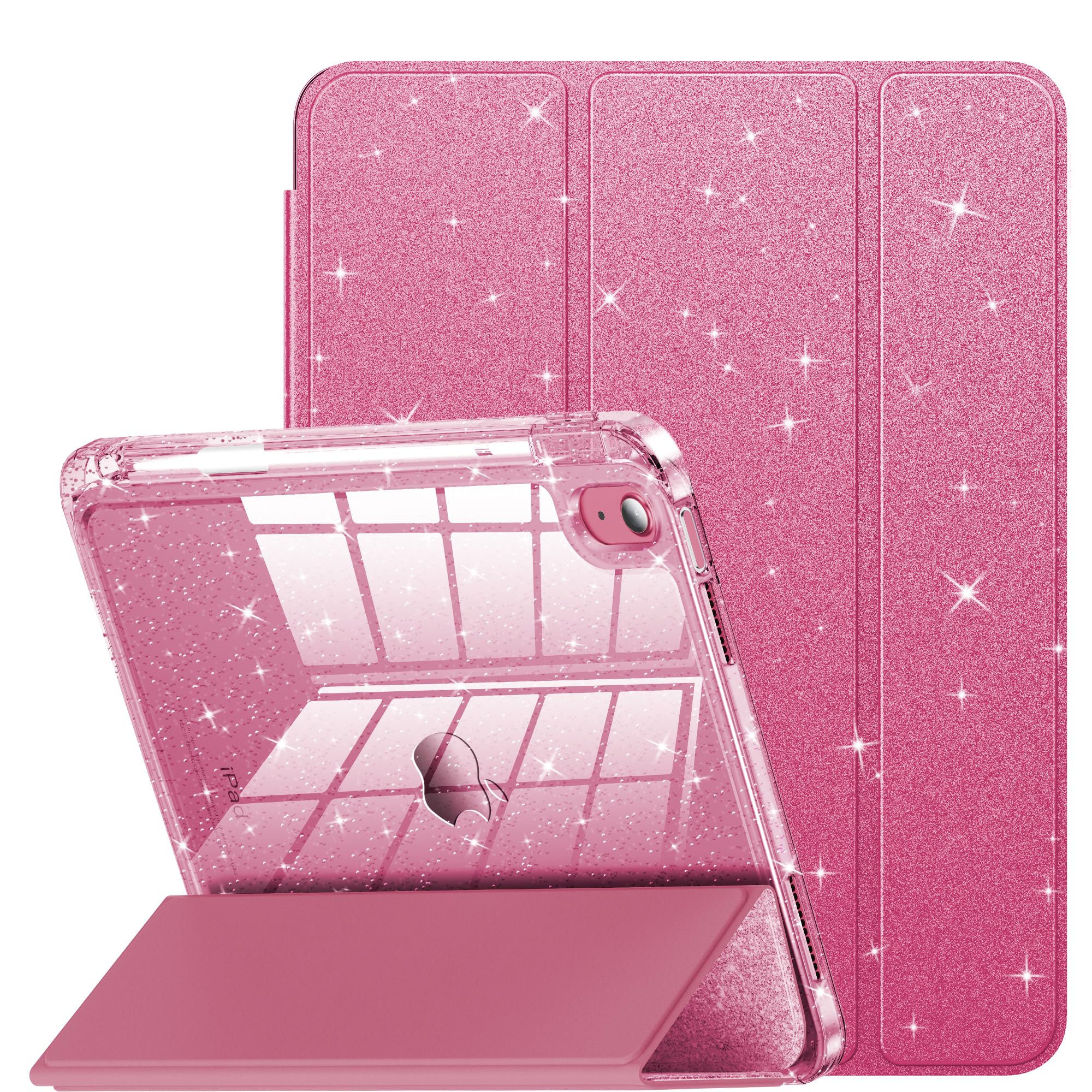 INFILAND Compatible with iPad 10th Generation Case, iPad Case 10th Generation 10.9 Inch for Kids, Girls, Cute Glitter Cover with Sparkly Crystal Clear Back, Pencil Holder, Anti-Yellowing, Rose Pink