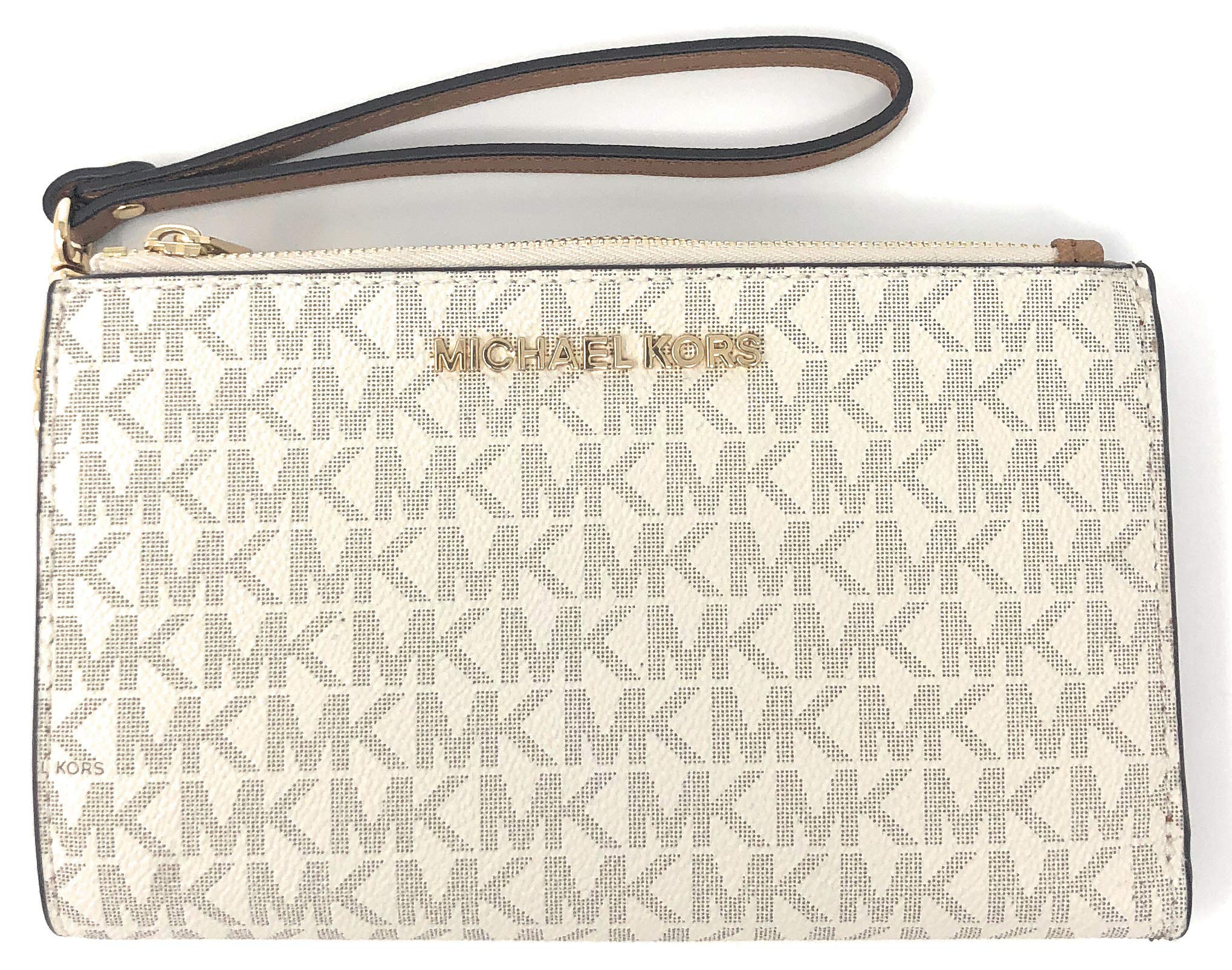 Michael Kors Jet Set Travel Double Zip Wristlet - Signature PVC, 2019 Styles 35F8GTVW0B / 35F8STVW0B (Vanilla / Acorn)