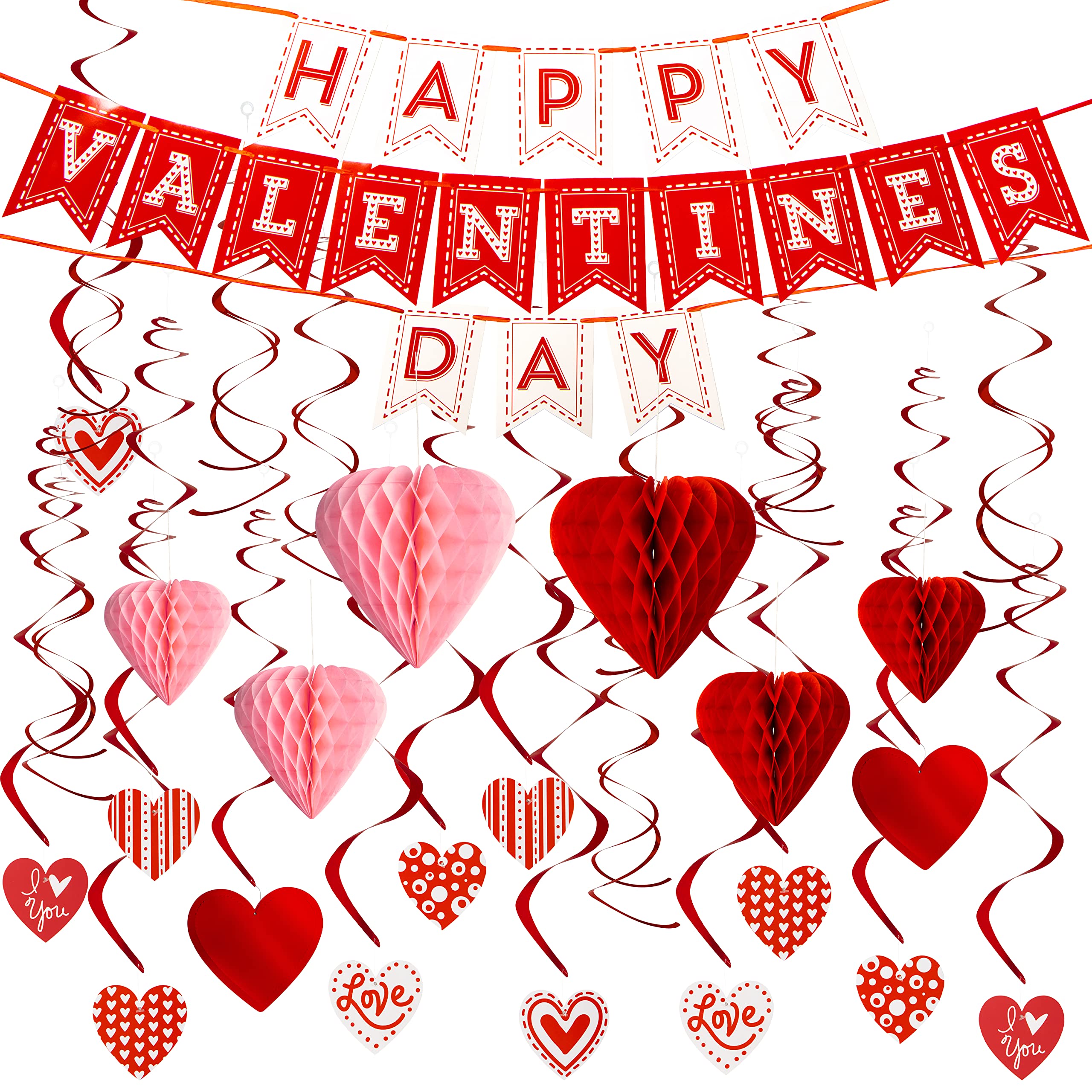 JOYIN 31 Pcs Valentines Day Decoration Kit with 1 Happy Valentine's Day Banner, 8 Foil Swirls, 14 Hanging Swirls with Heart Pendant, 8 Hanging Red Pink Heart Honeycombs, Valentine Party Supplies