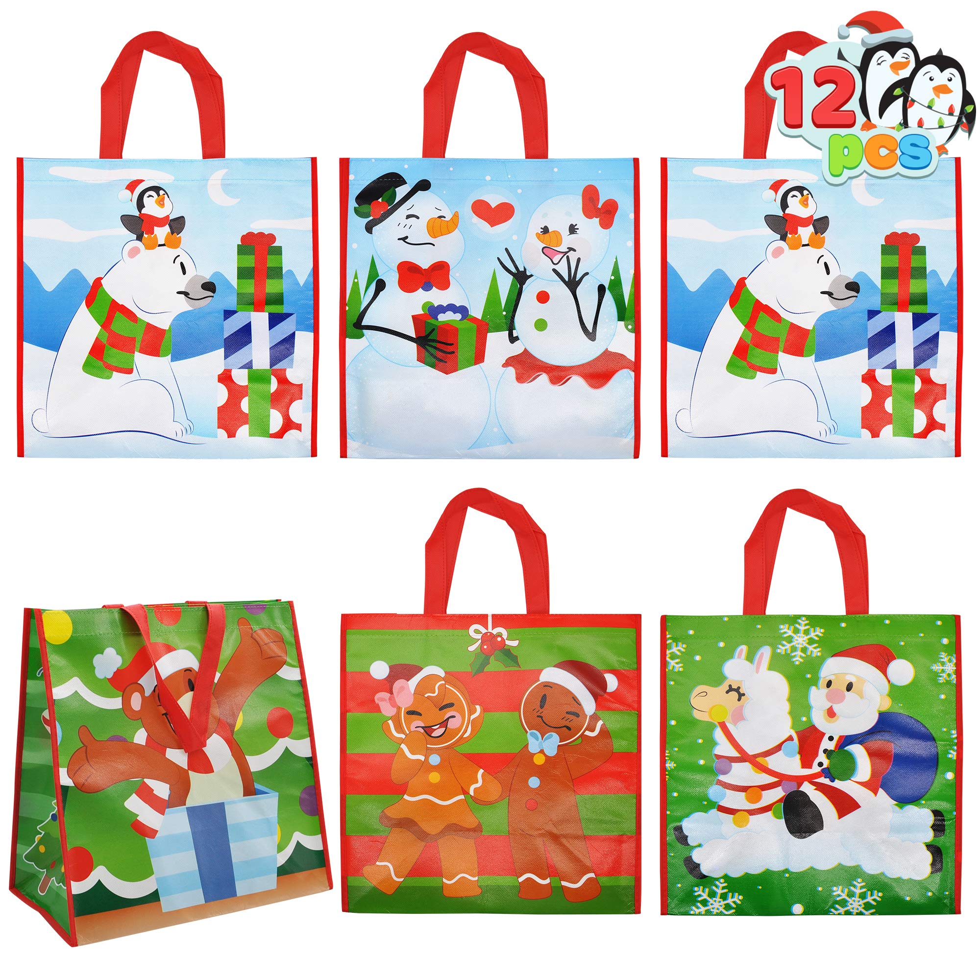 JOYIN 12 Christmas Tote Bags, 13.75"x8"x14" Extra-large Reusable Bags Non Woven Xmas Gift Wrap Bags with Handles for Holiday Party Favor Supplies, Xmas Grocery Shopping Bags