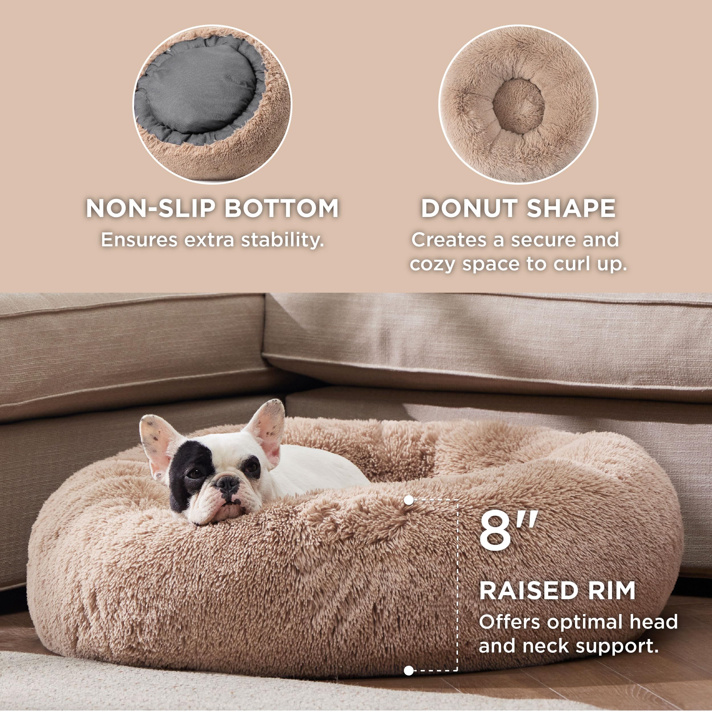 Bedsure Calming Dog Bed for Medium Dogs - Donut Washable Medium Pet Bed, 30 inches Anti-Slip Round Fluffy Plush Faux Fur Cat Bed, Fits up to 45 lbs Pets, Camel