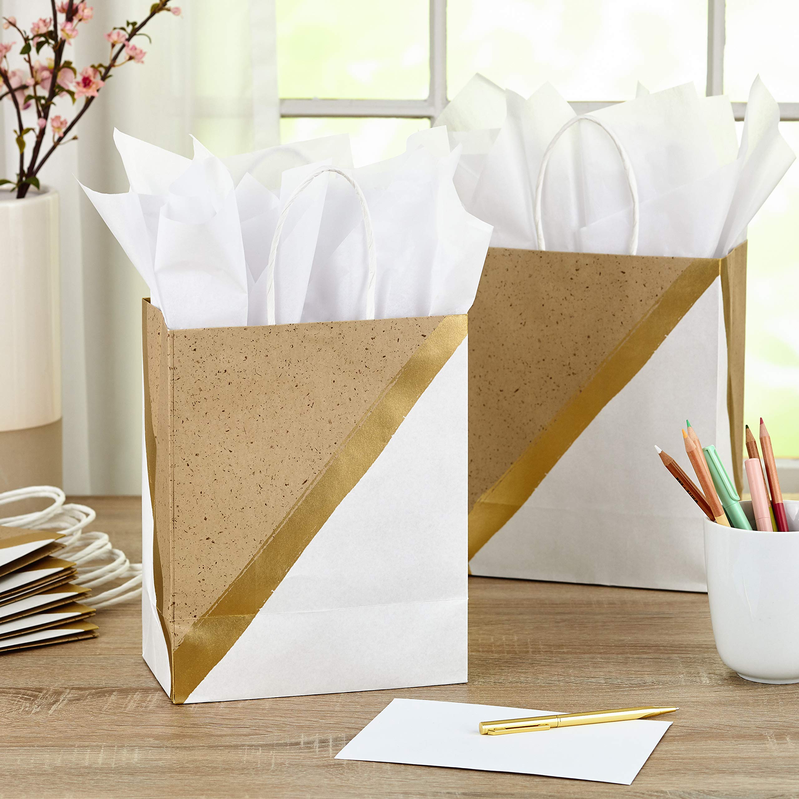 Hallmark 9" Medium Paper Gift Bags (Pack of 8 - White & Kraft) for Easter, Birthdays, Mother's Day, Weddings, Graduations, Baby Showers, Bridal Showers, Care Packages and More