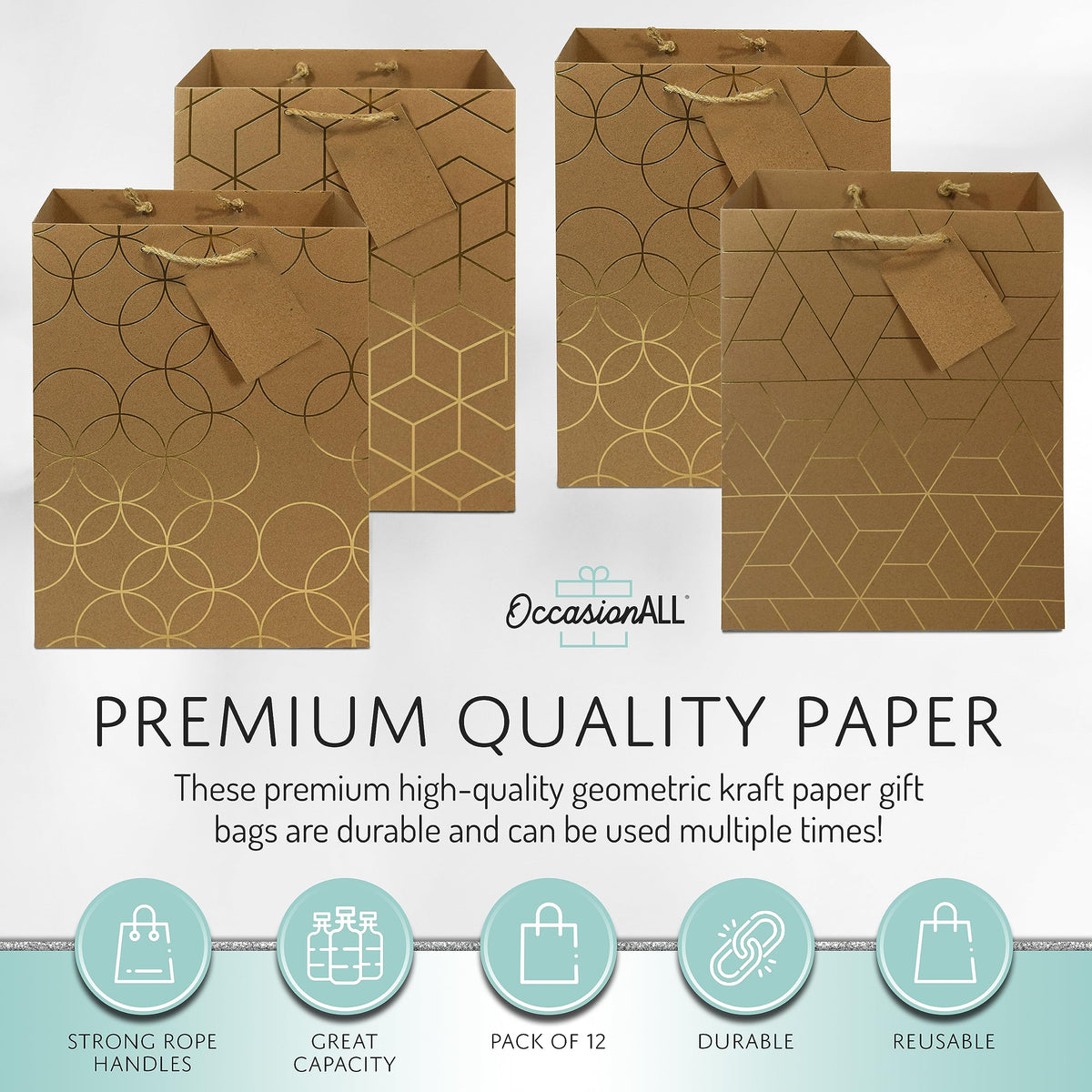 OccasionALL Gold Brown Gift Bags 12 Pack 7.5x3.5x9 Medium Geometric Print Kraft Paper Bags with Handles for Christmas, Holidays, Weddings, Birthdays, Bulk Shopping