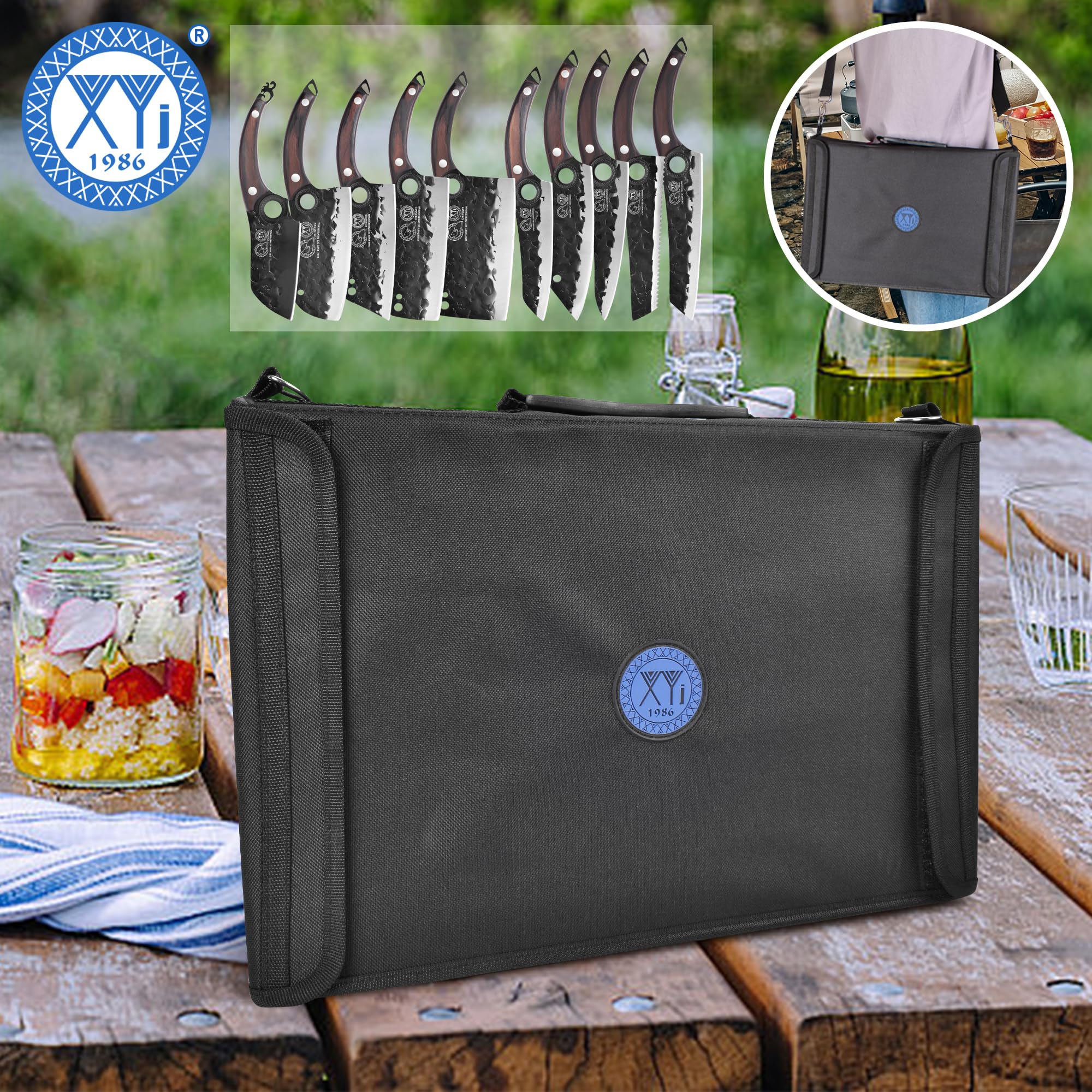 XYJ Professional Kitchen Knife Set with High-Carbon Steel Forged Blades, Chef's Knife, Cleaver, Carving Knife, Nakiri, Full Tang Design, Includes Carrying Bag & Poultry Scissors