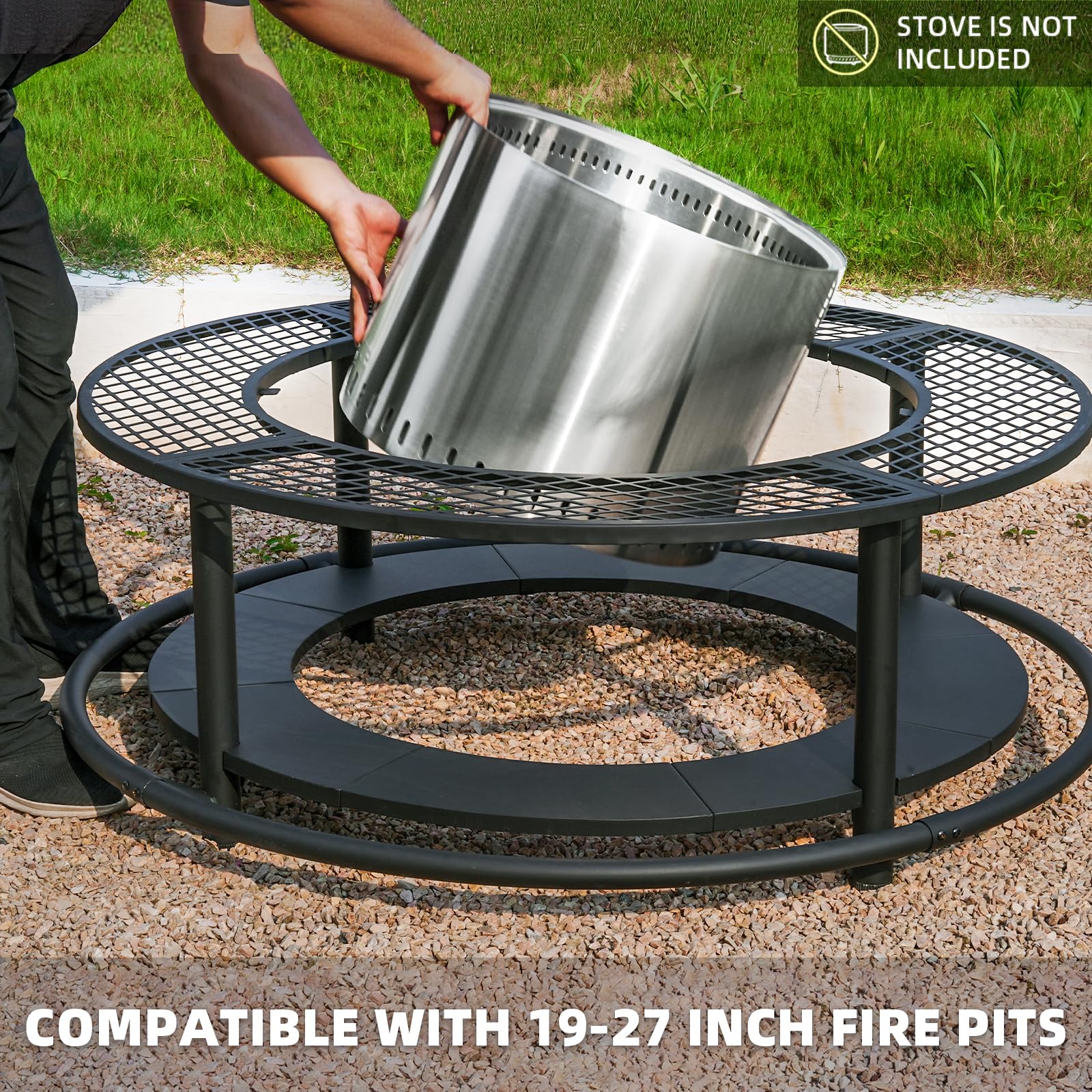 50 Inch Fire Pit Surround Tabletop for Smokeless Fire Pit, Outdoor Surround Table with 2 Grill Grates and Firewood Storage Shelf, Protective Barrier for Safety & Extra Space (Stove not Included)
