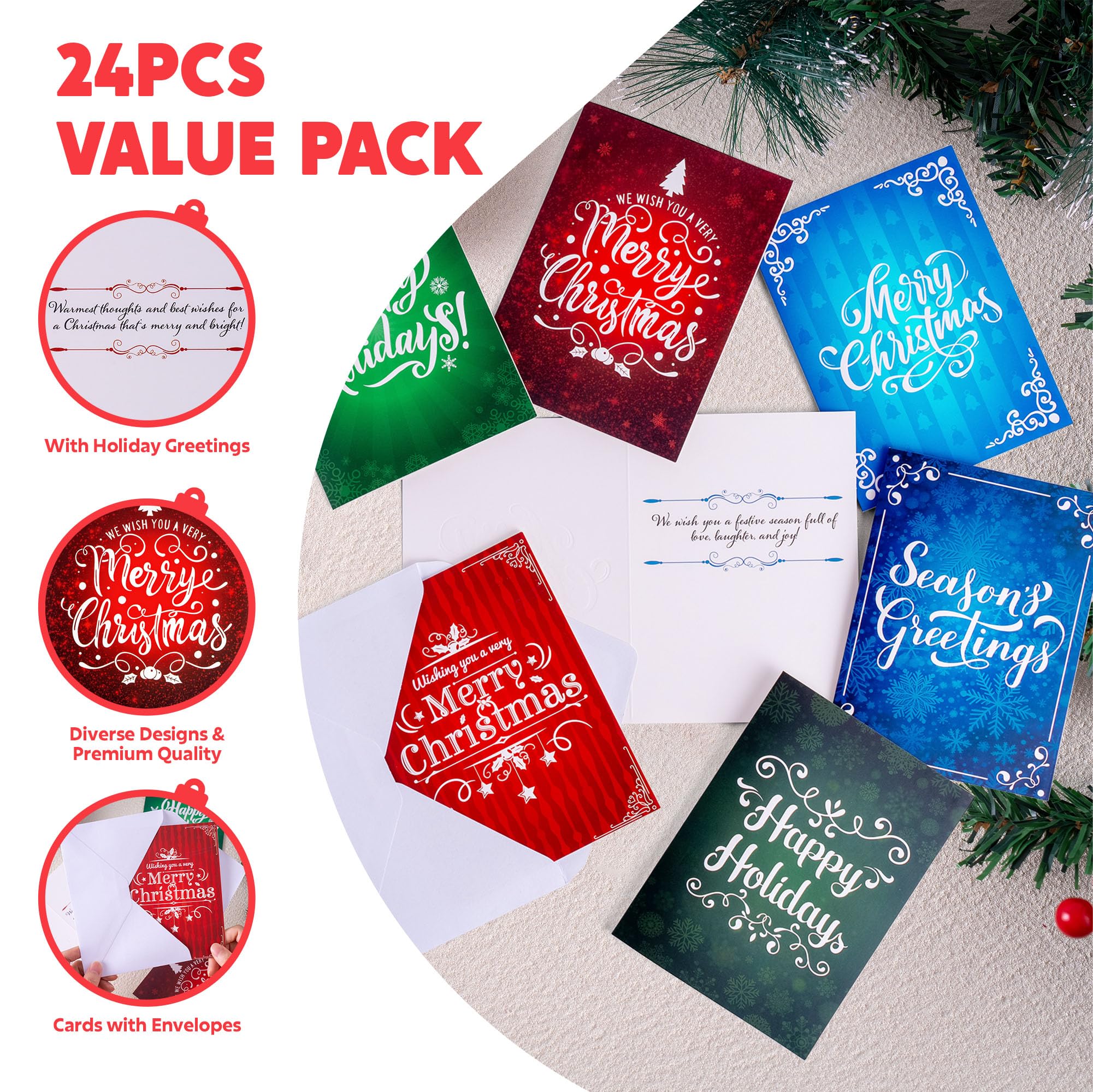 JOYIN 24 PCS Christmas Holiday Greeting Cards Bulk Collection 6 Diverse Coloful Designs Assortment with Envelopes, Elegant Lettering for Merry Christmas Season, present Giving, Xmas Gifts Cards