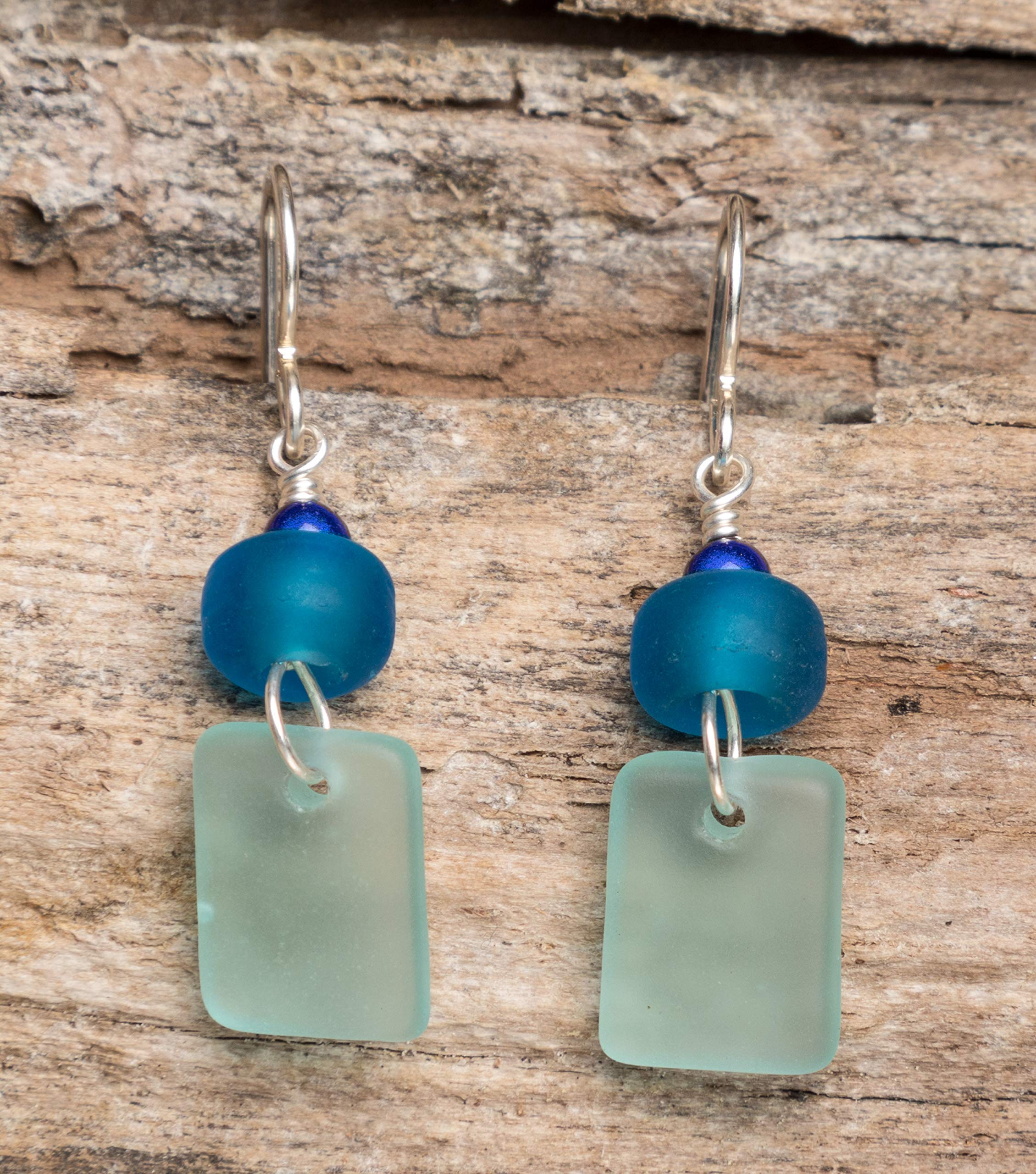 Sea Glass Mystic Earrings (Ocean - Marine) Sterling Drop Beach Earrings for Women by EcoSeaCo, using recycled and sustainable material. Handmade in the USA