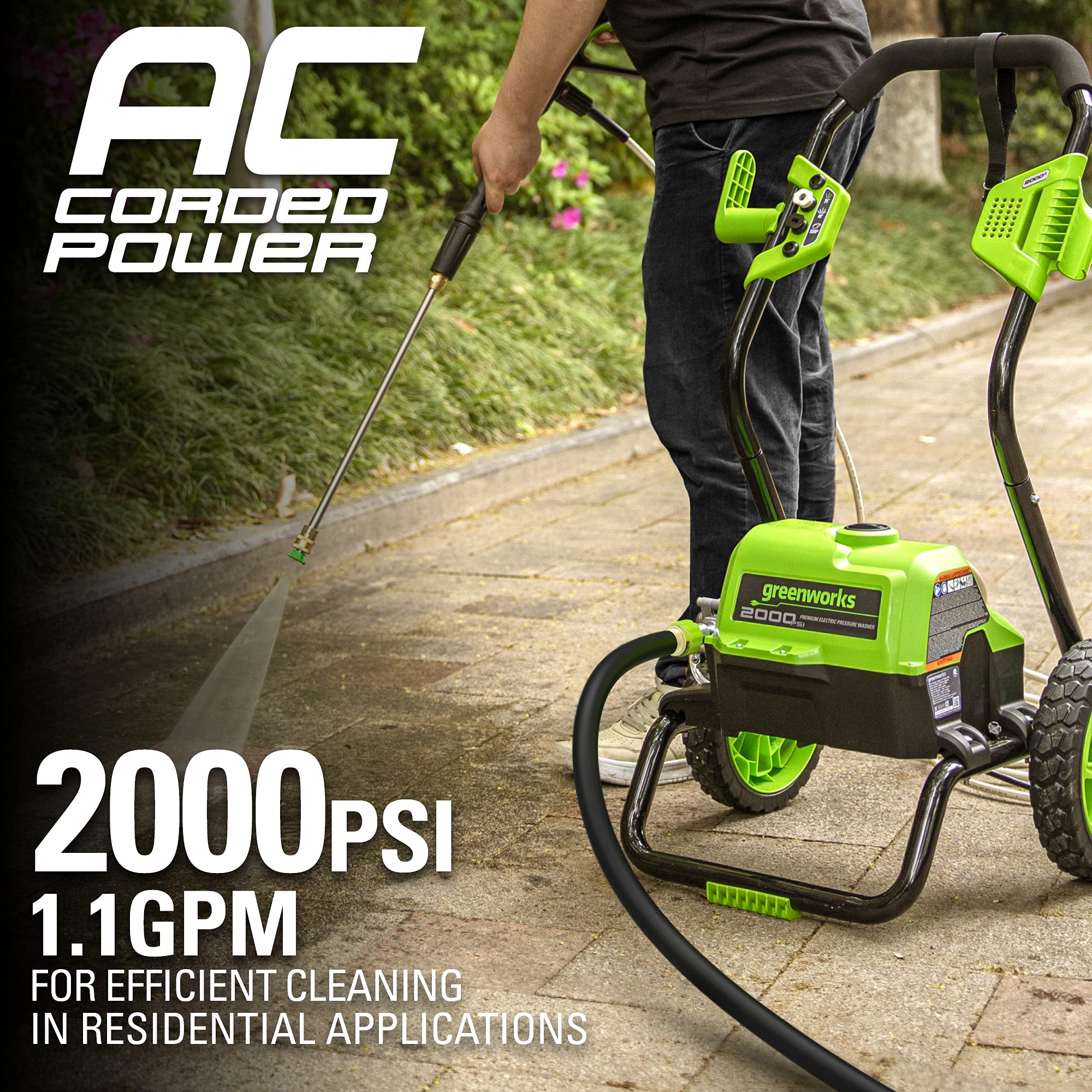 Greenworks 2000 Max PSI @ 1.1 GPM (13 Amp) Electric Pressure Washer (Black Frame) PWMA Certified, Green