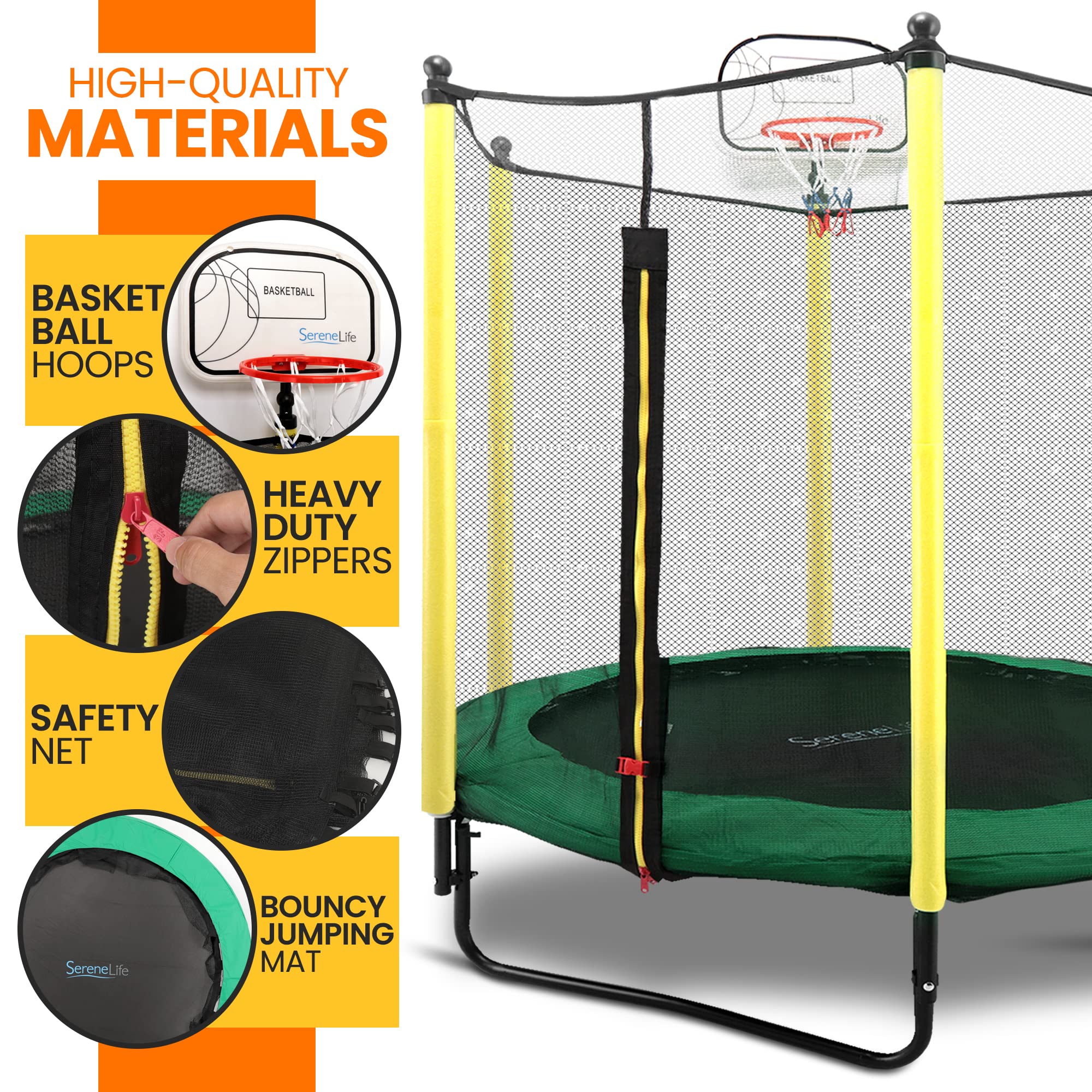 SereneLife 5ft Outdoor and Indoor Mini Toddler Trampoline with Enclosure Safety Net Basketball Hoop Jumping Fun Trampoline for Kids/Children, Basketball Hoop, Net Cage, Bday Gifts for Boys/Girls