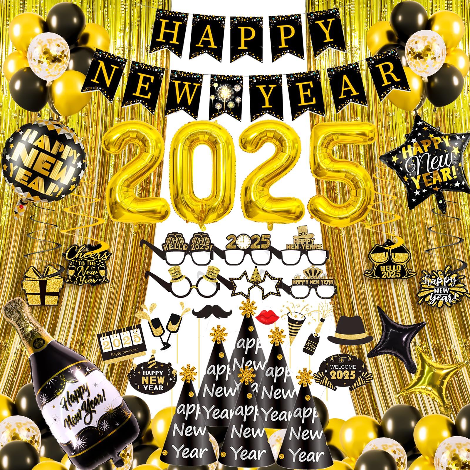 New Years Decorations 2025, New Years Eve Party Supplies 2025 Happy New Year Balloons 2025 NYE Party Kit with Cone Hats & Eyeglasses, Photo Props Happy New Year Banner Foil Curtain Hanging Swirls