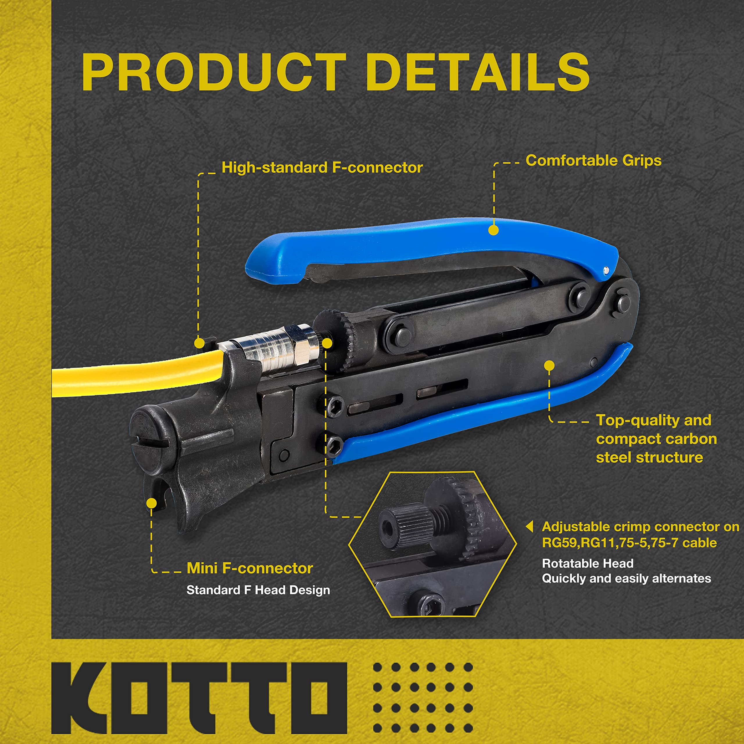 KOTTO Coax Cable Crimper Kit - Adjustable Compression Tool for RG6, RG59, RG11 - Includes Coaxial Cable Stripper and 20 F Compression Connectors